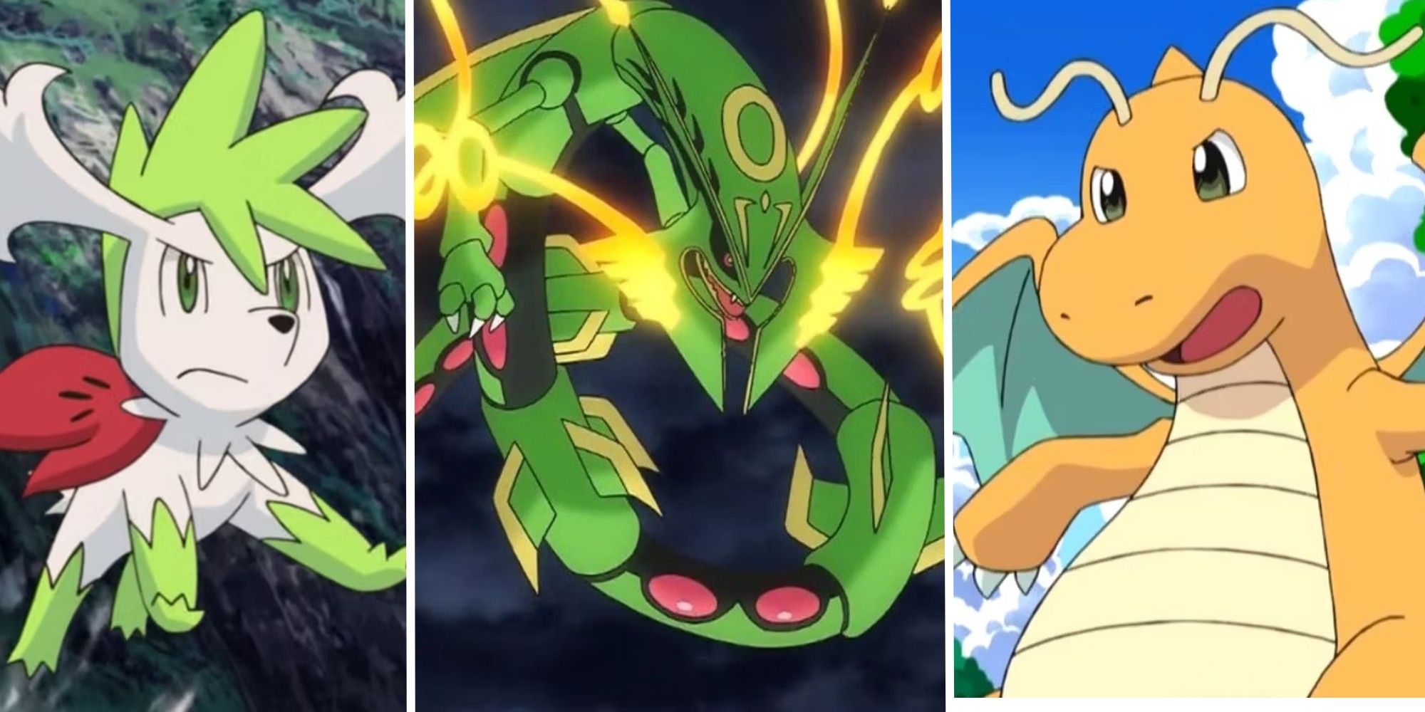 Split images of Shaymin Sky, Rayquaza, and Dragonite