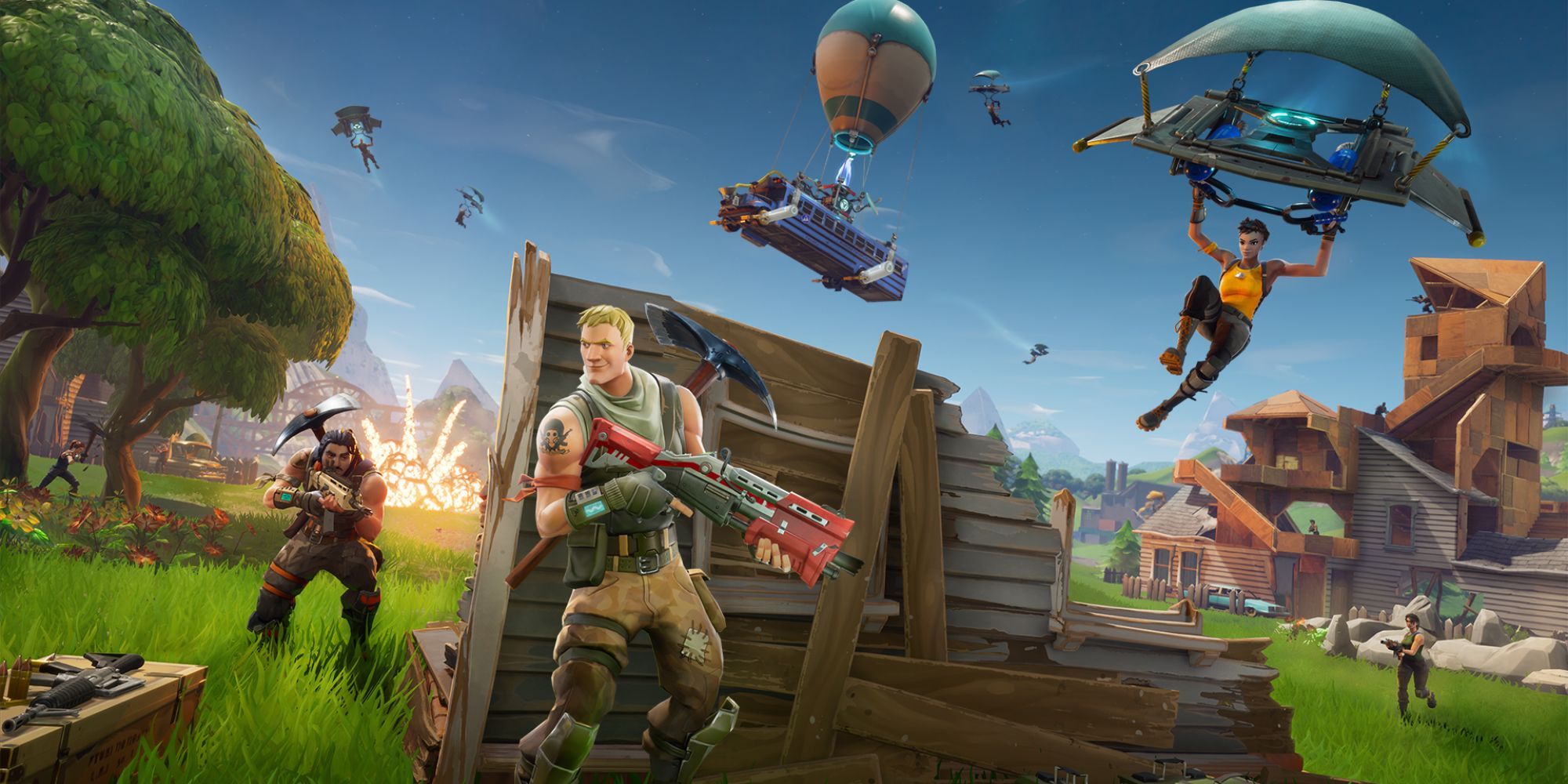 Fortnite key art for the game's first chapter, showing Jonesy hiding behidn cover.