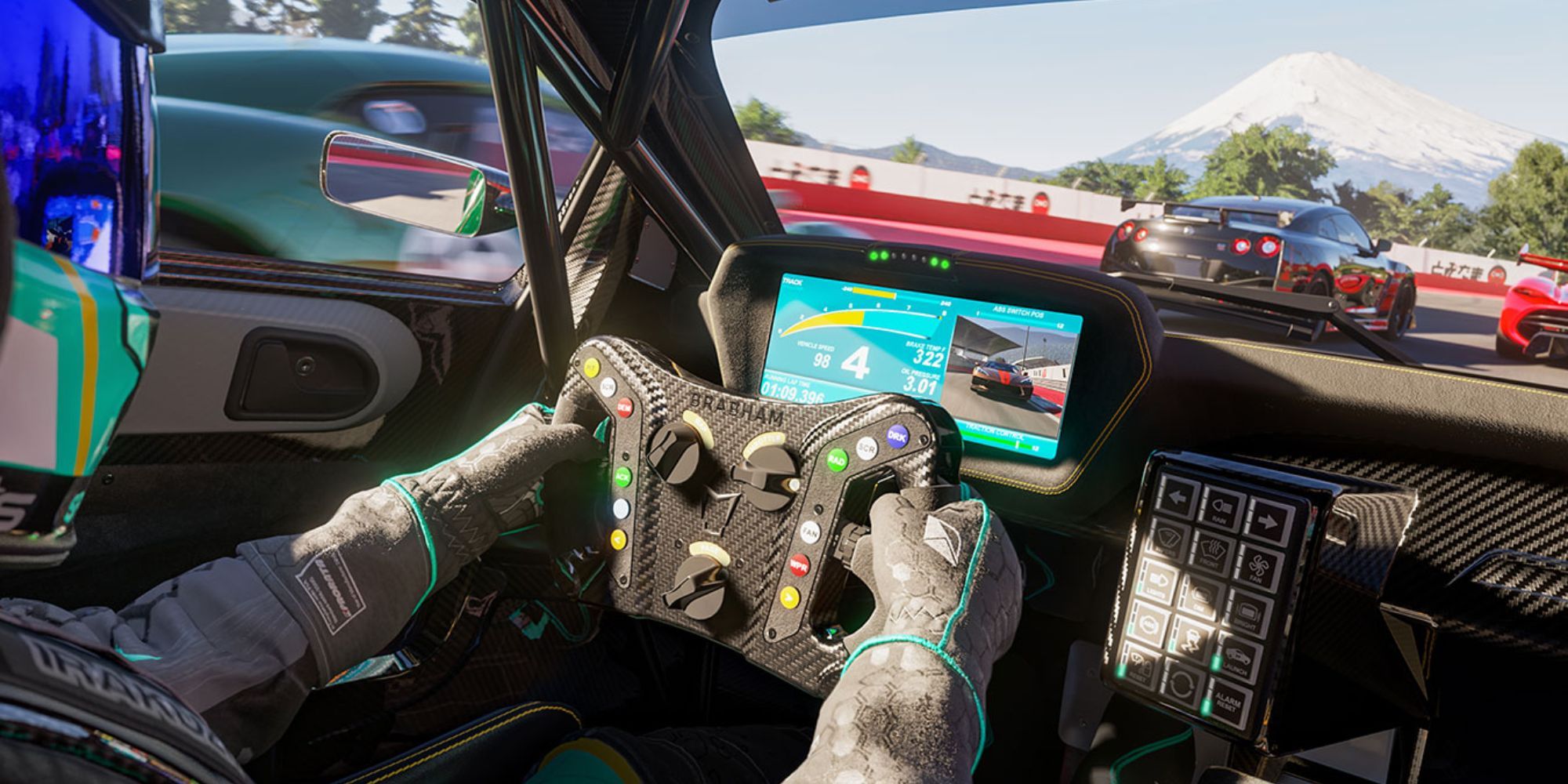 An inside view of a high-tech race car with the driver gripping an atypical steering wheel.