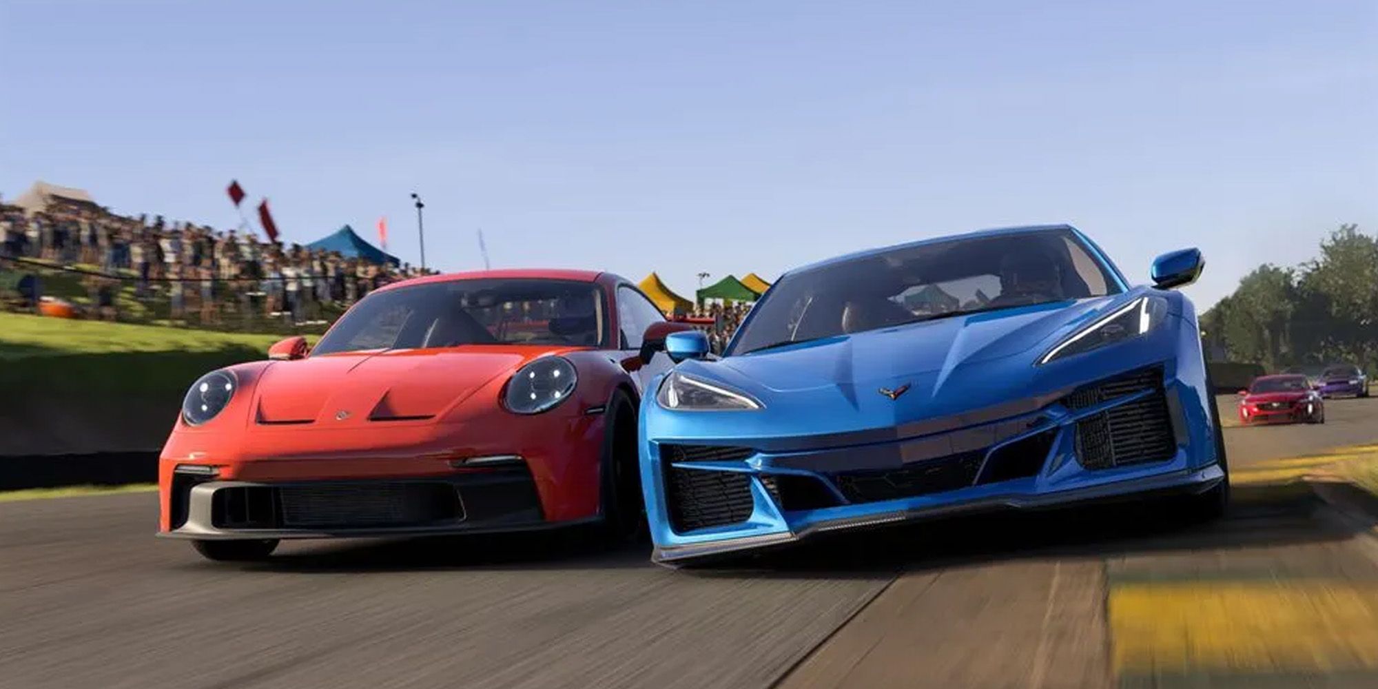 A red car and a blue card compete against each other in a race in Forza Motorsport.