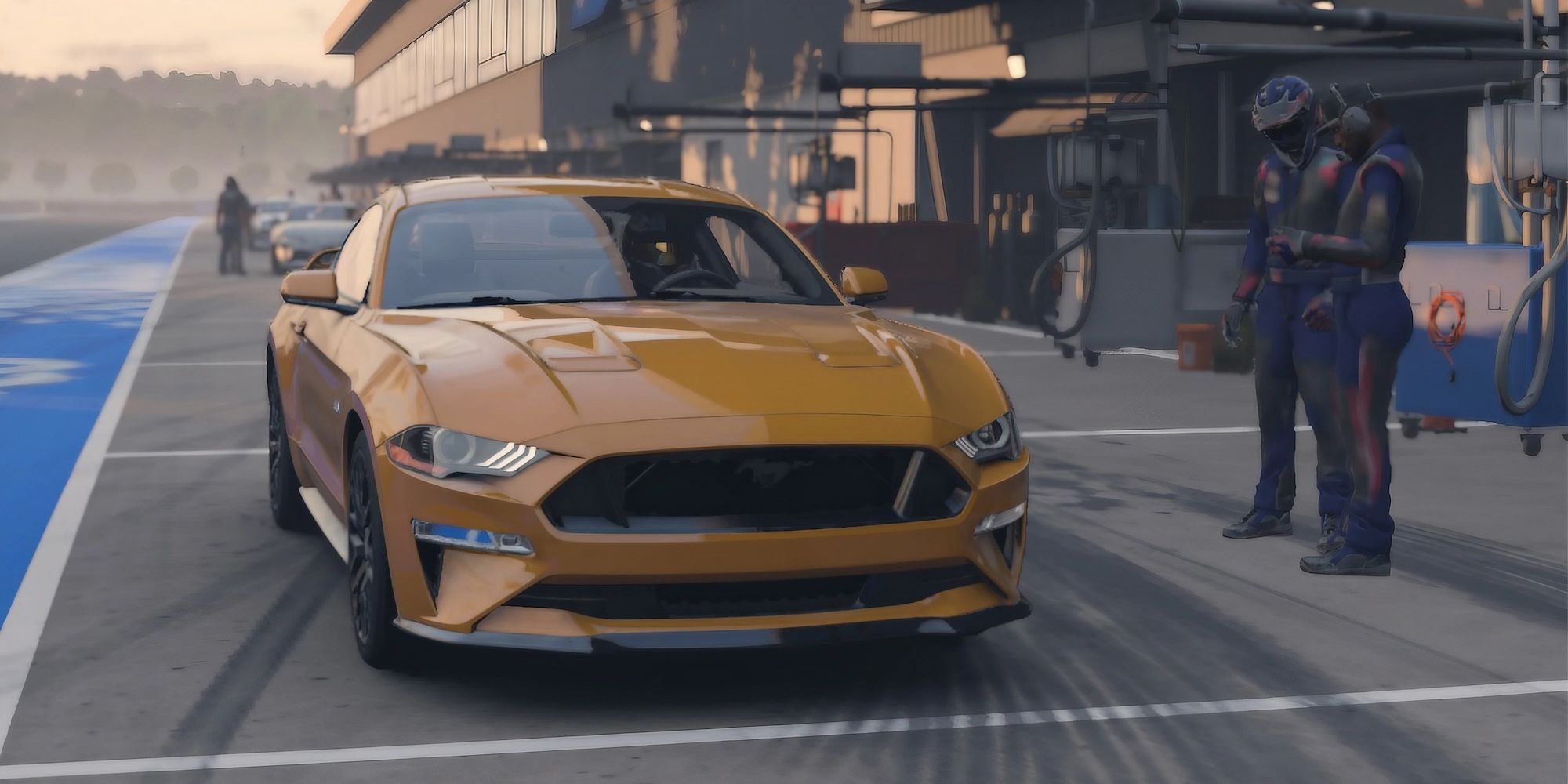 A pre-race screen of the Ford Mustang in Forza Motorsport