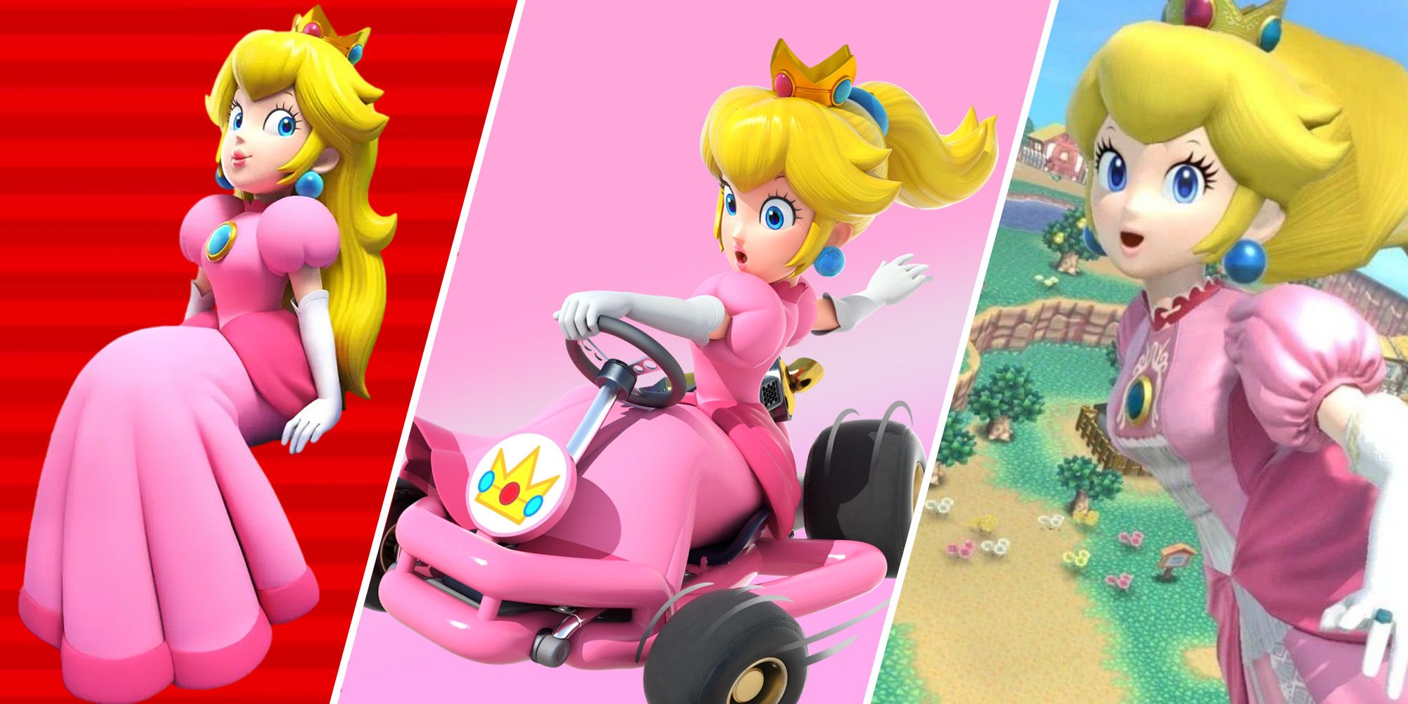Split images of Princess Peach sitting with a red background, Peach driving a kart, and Peach in front of an Animal Crossing background 