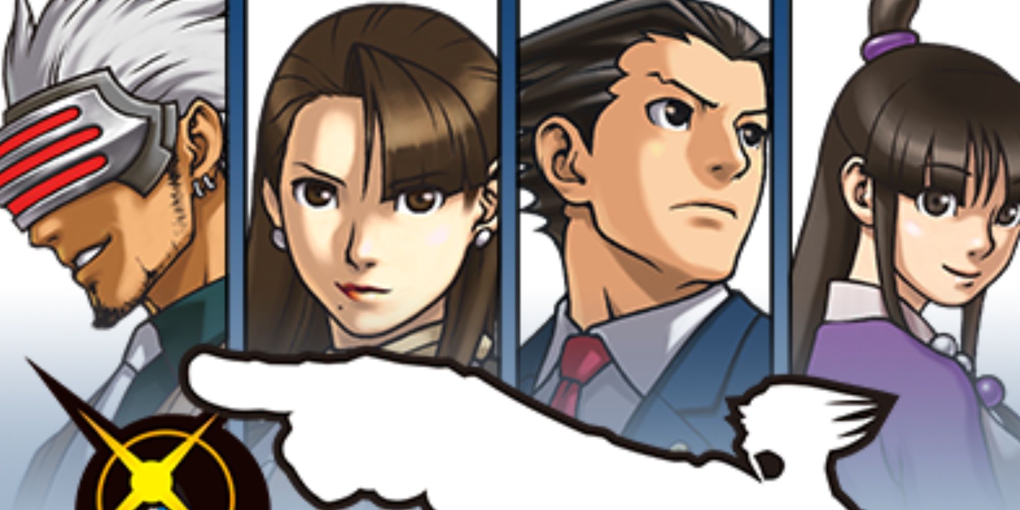 Godot, Mia Fey, Phoenix Wright, and Maya Fey in Ace Attorney Trials and Tribulations cover art