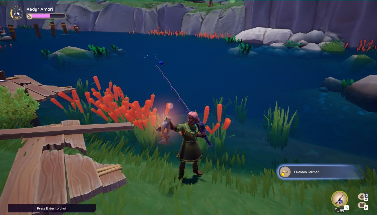 Player character standing at the edge of Whisper Banks and holding up a caught Golden Salmon during the day in Palia.