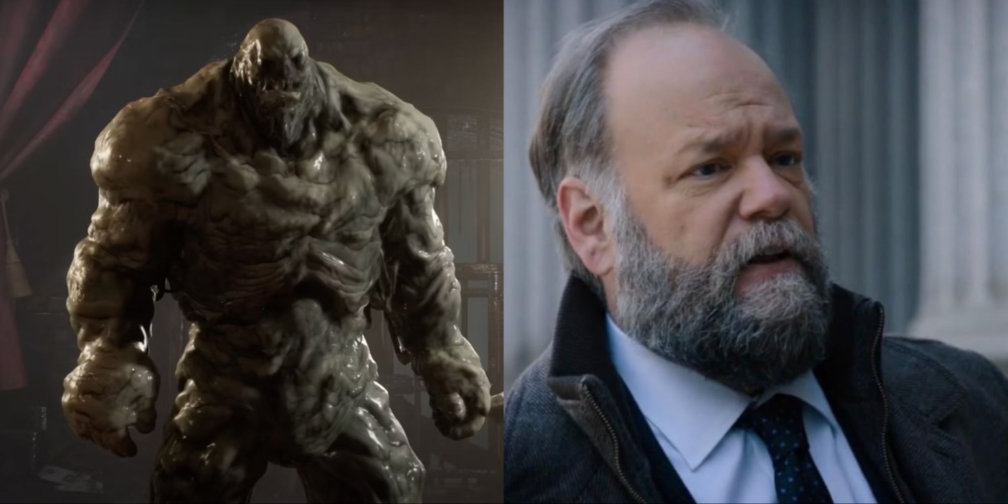 Split Image Of Clayface From Gotham Knights And Brian Keane From Law And Order