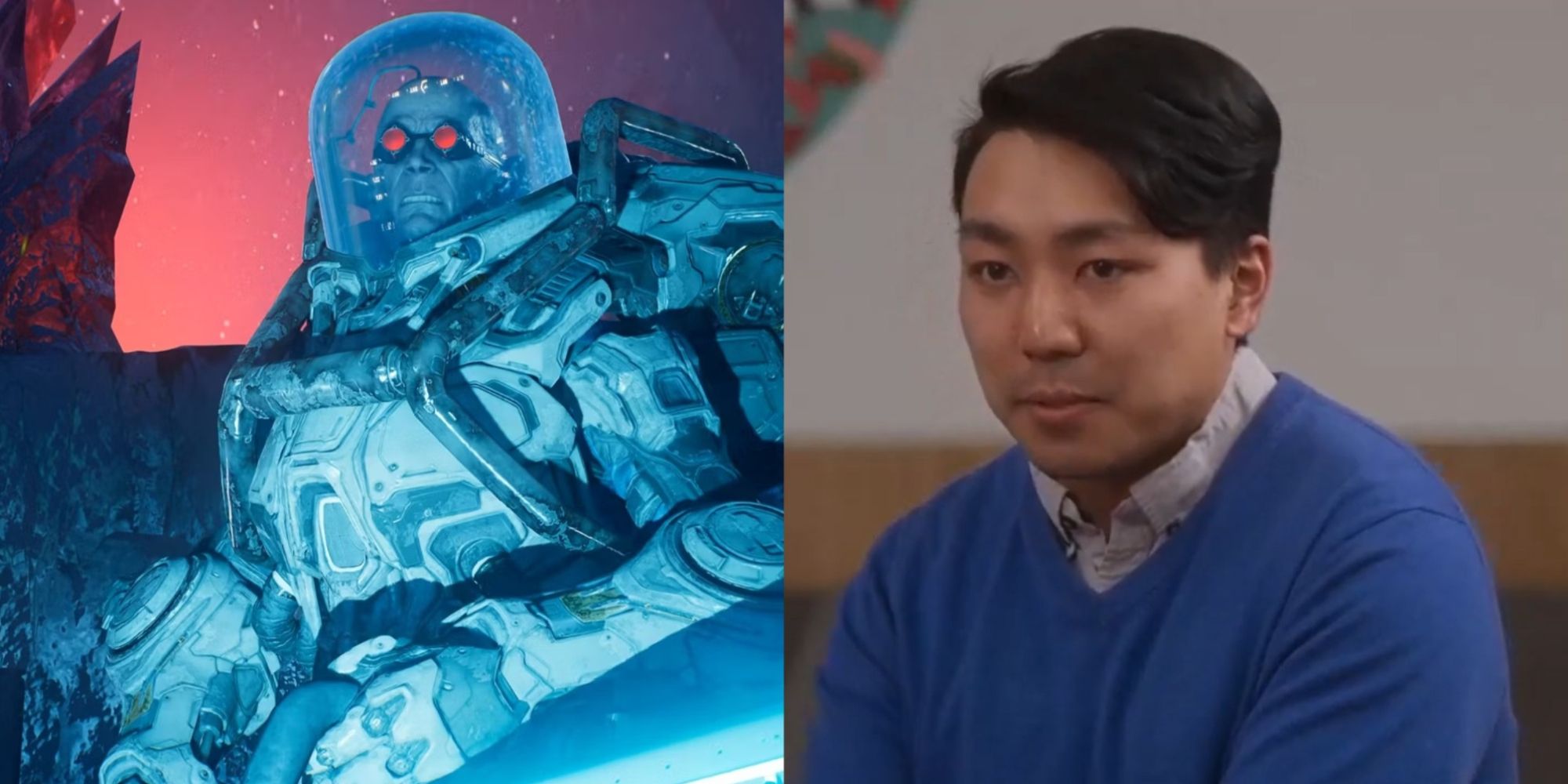 Split Image Of Mr. Freeze From Gotham Knights And Donald Chang From Younger