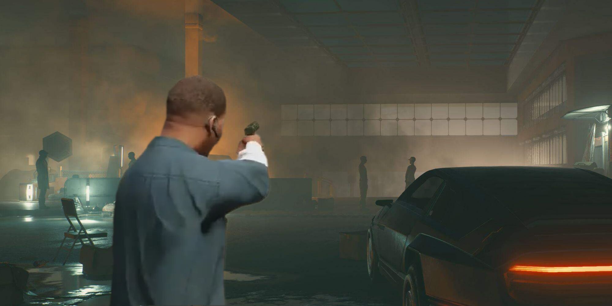 Franklin from GTA 5 pointing a pistol in a warehouse in Cyberpunk 2077.