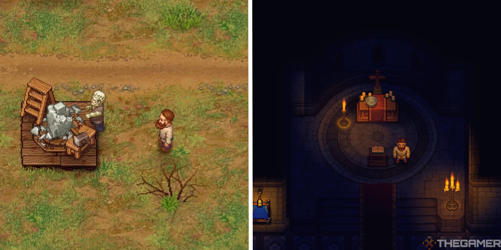 graveyard keeper split image showing player at crafting station next to image of player in dark church