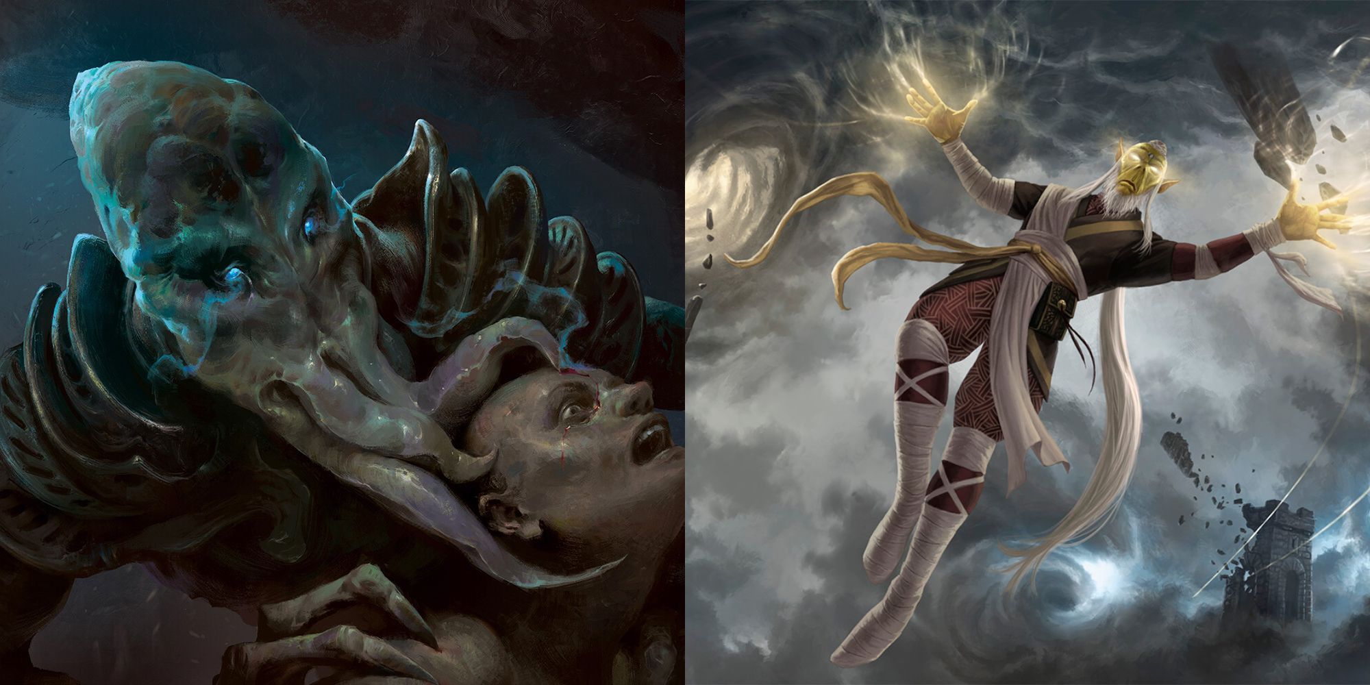 Left: A mindflayer grappling a human, RIght: A Githzerai monk floating