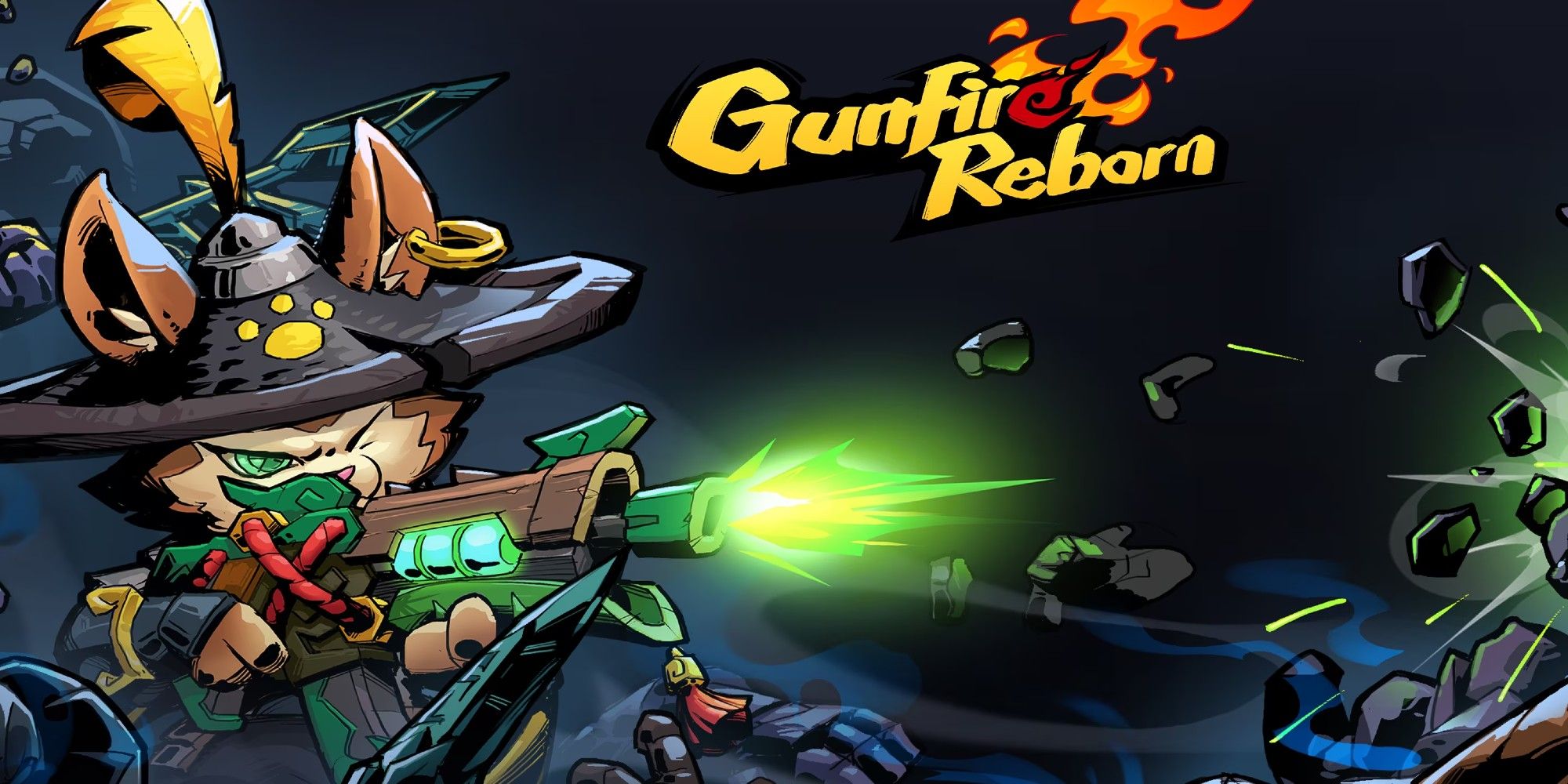 Gunfire Reborn Cover, main character shooting a gun and rocks fly from the impact