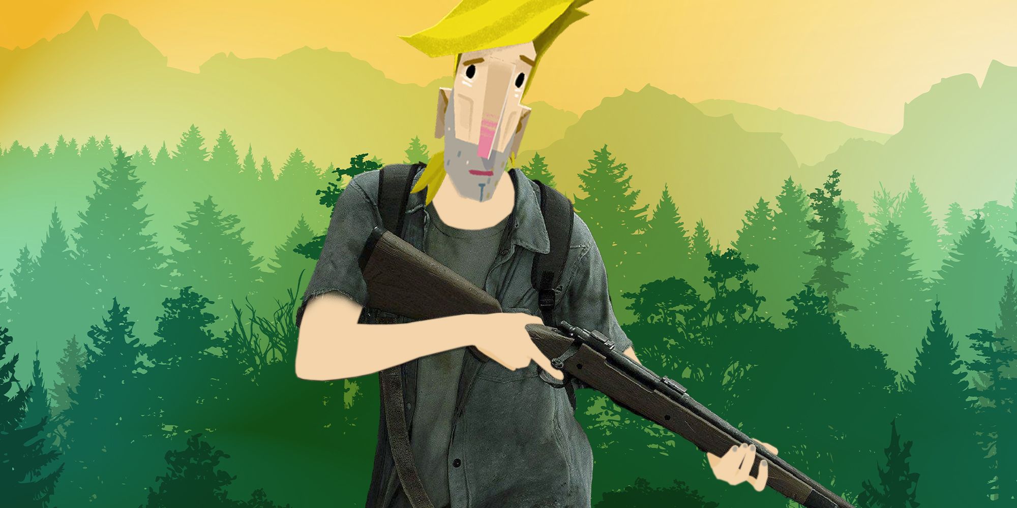 Ellie, from The Last of Us Part 2, with Guybrush Threepwood's head and arms. She's holding a rifle. The silhouettes of forest trees and mountains loom in the backround.