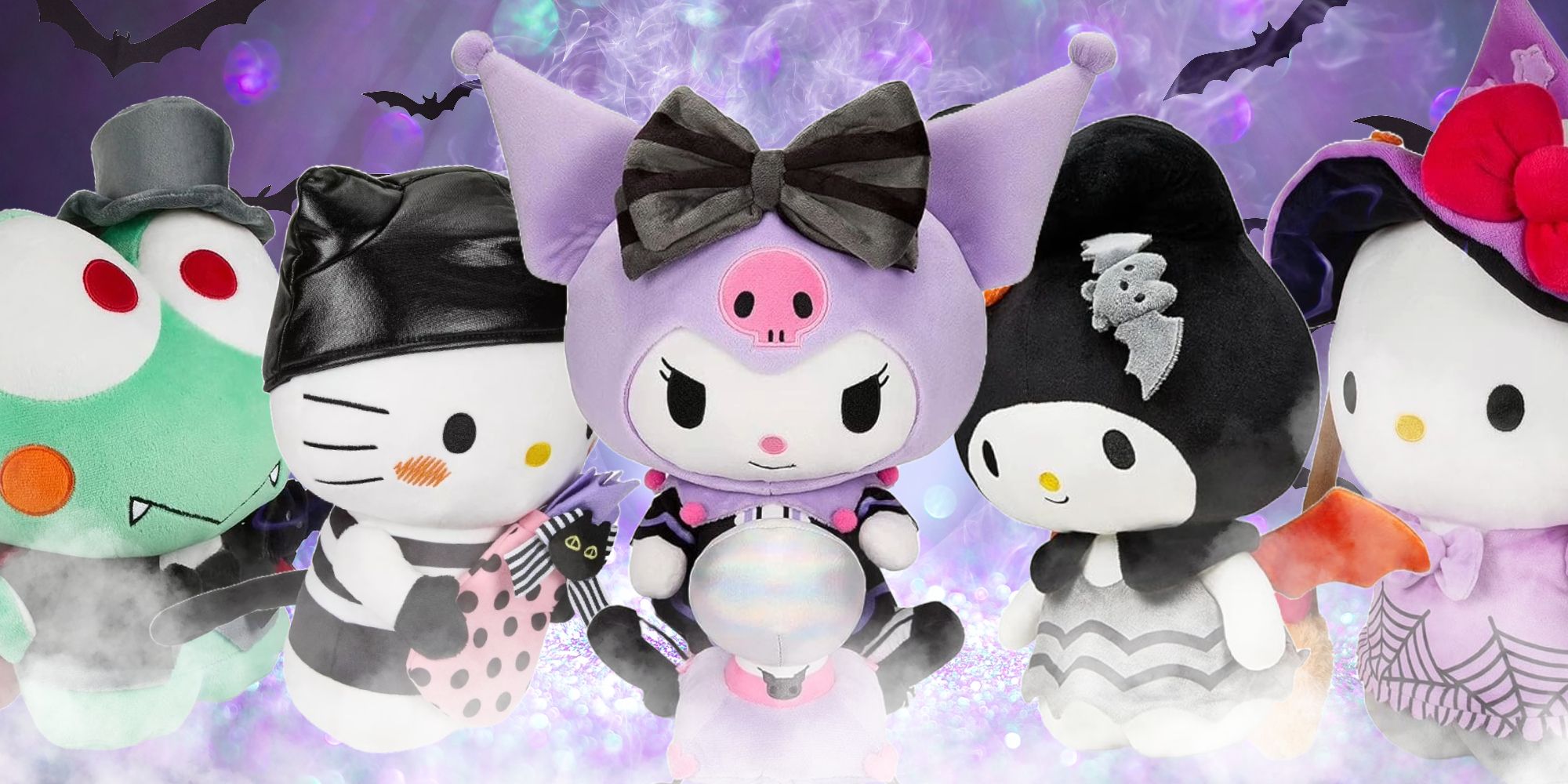 Kuromi, Hello Kitty, My Melody and Kerropi in plushie form are gathered together, all dressed in Halloween costumes.