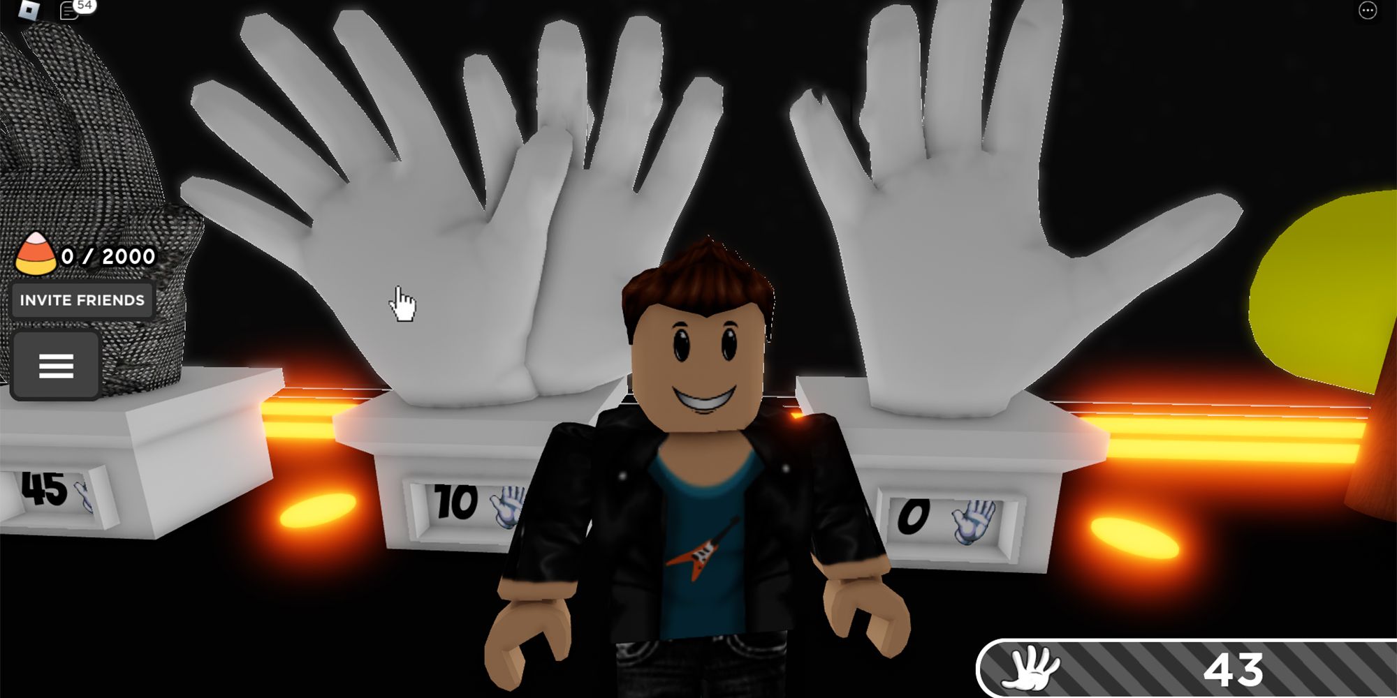 A Roblox character stands between two sets of gloves while perusing the Glove Store in Slap Battles.