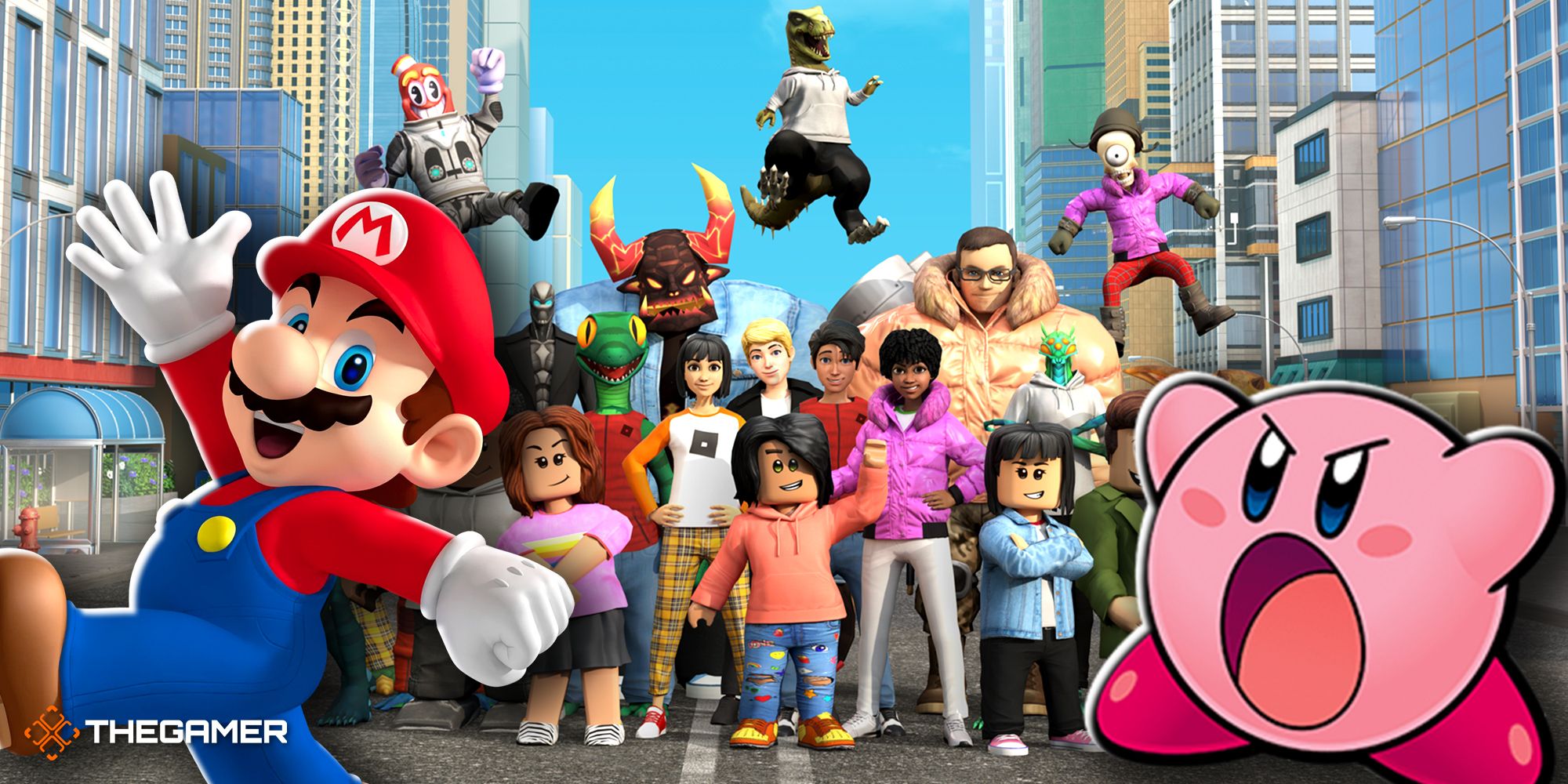 happy mario and angry kirby in front of a cast of roblox characters