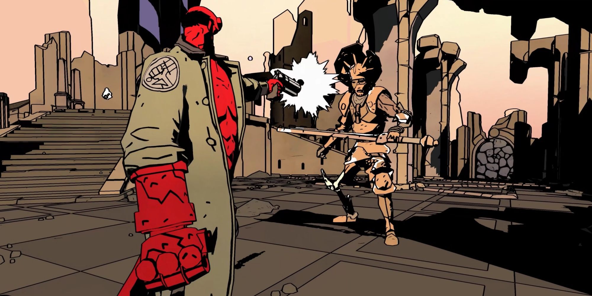 Hellboy shooting an enemy in Web of Wyrd.