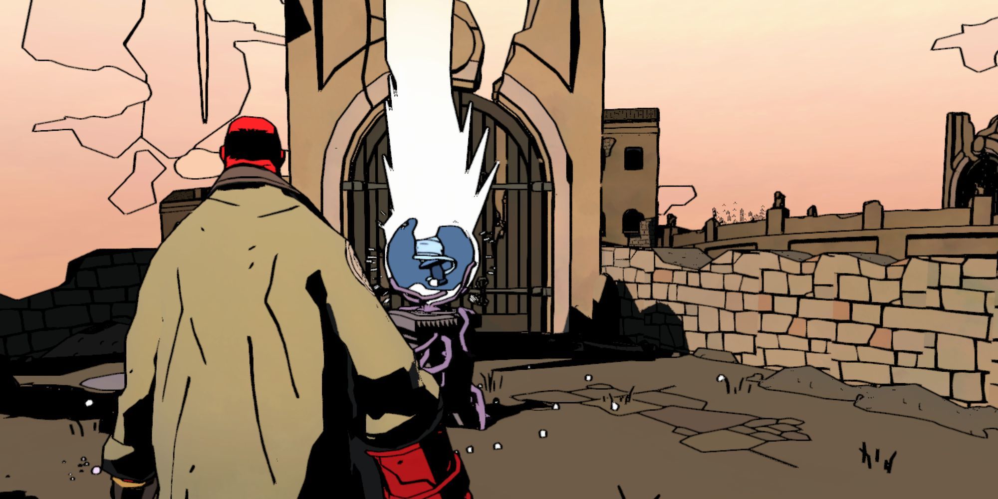 Hellboy looking at a Blessing in Web of Wyrd.