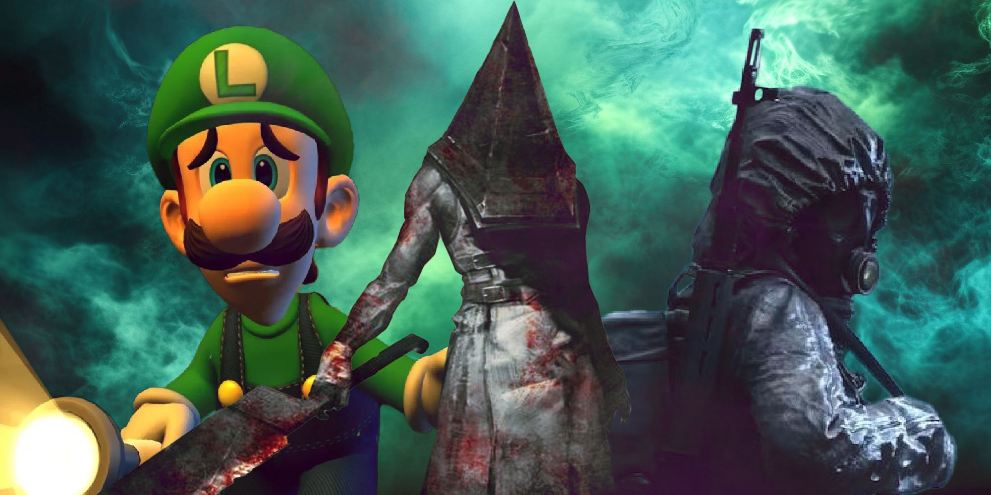 Luigi's Mansion, Silent Hill 2 Remake, and Stalker 2 over a green smoky background 