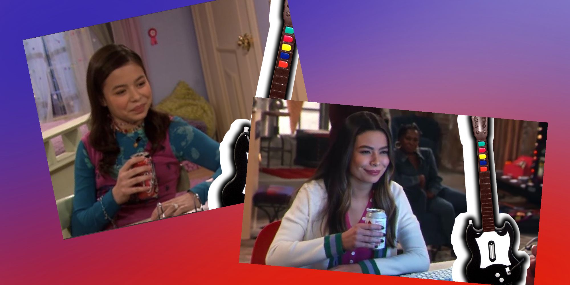 Young Miranda Cosgrove with a soda on the left and older Miranda Cosgrove on the right, both next to Guitar Hero guitars.