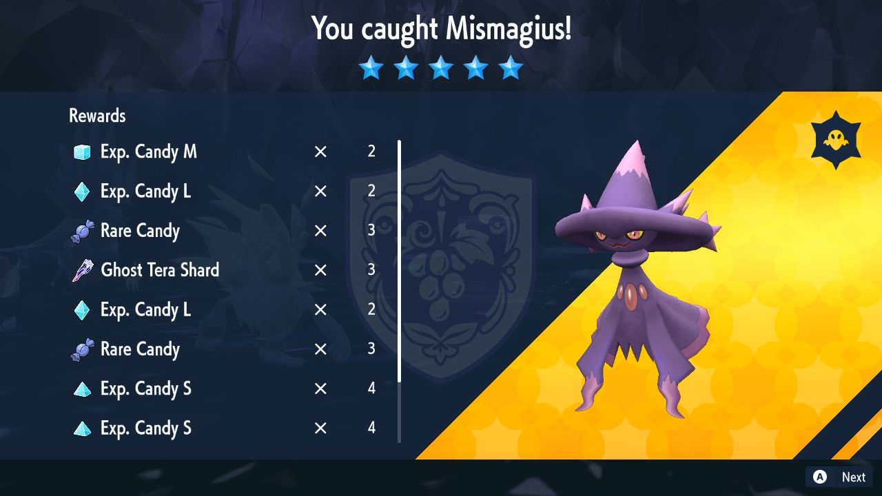 A screenshot of Pokemon Violet showing the reward screen for defeating Mismagius. The rewards are all Exp. Candies, Rare Candies, and Ghost Tera Shards