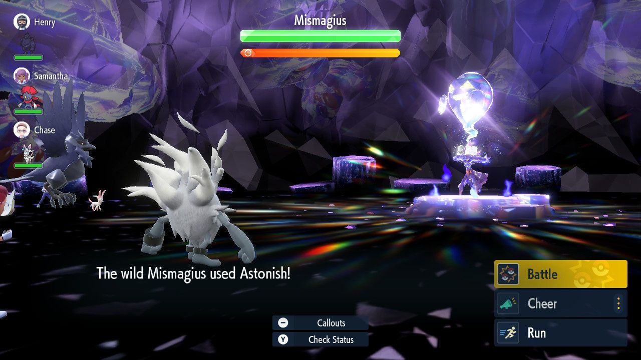 A screenshot of Pokemon Violet showing an Annihilape fighting a Tera Mismagius