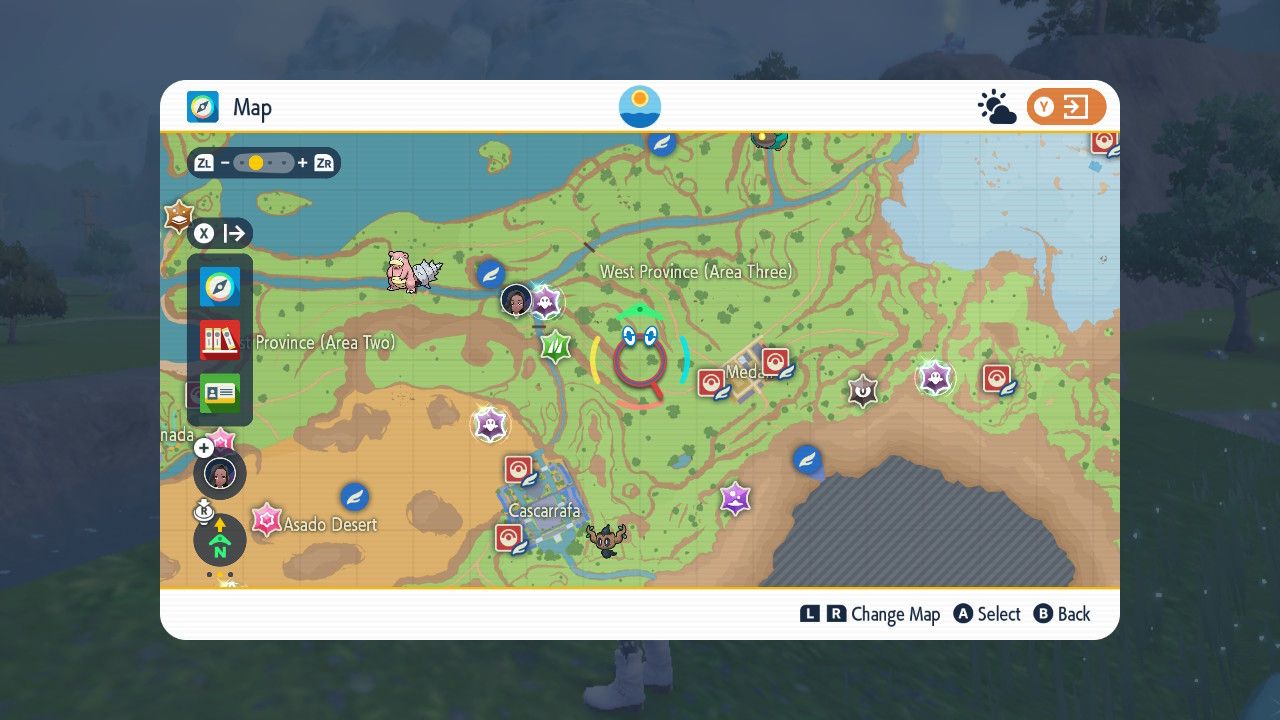 A screenshot of the map in Pokemon Violet. There a three glowing Tera Ghost Dens
