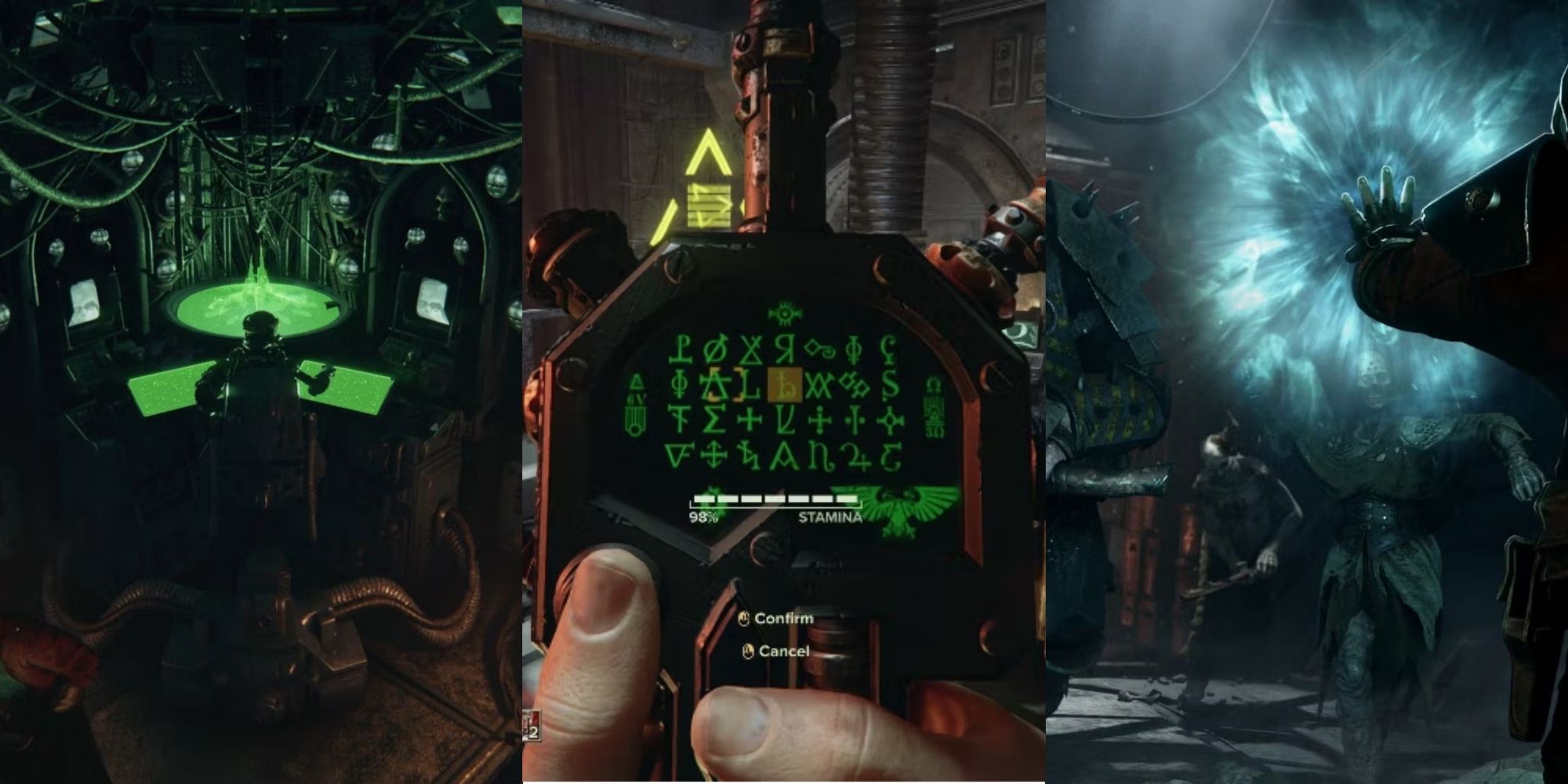 imperial datasmiths at work, hand holding a device in the hacking minigame, and Psyker Using Powers Against Armored in Warhammer 40,000 Darktide.