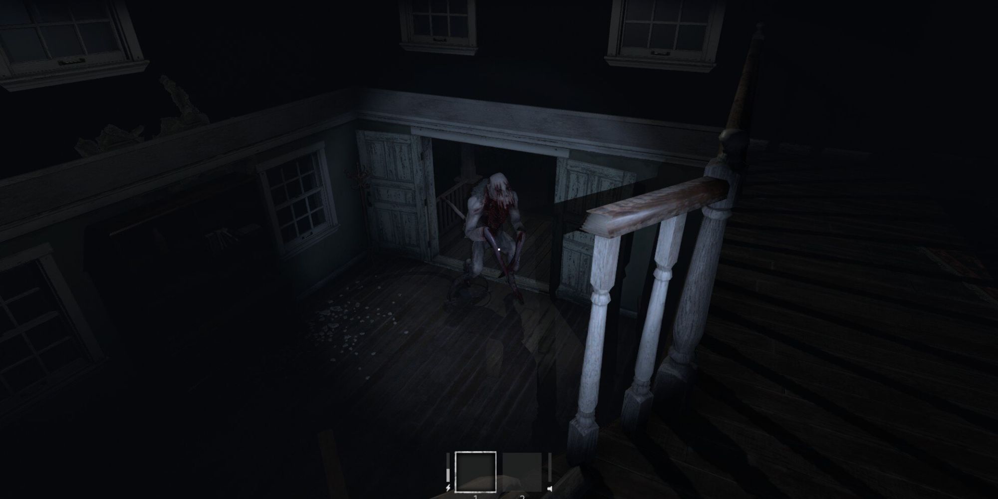 A player shines a flashlight at the Rake from a wooden staircase in In Silence.