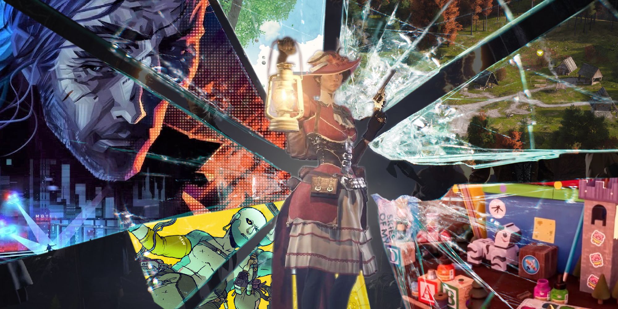 Indie games appearing in shattered glass while a character from Nightingale stands in the centre holding up a lantern and a revolver