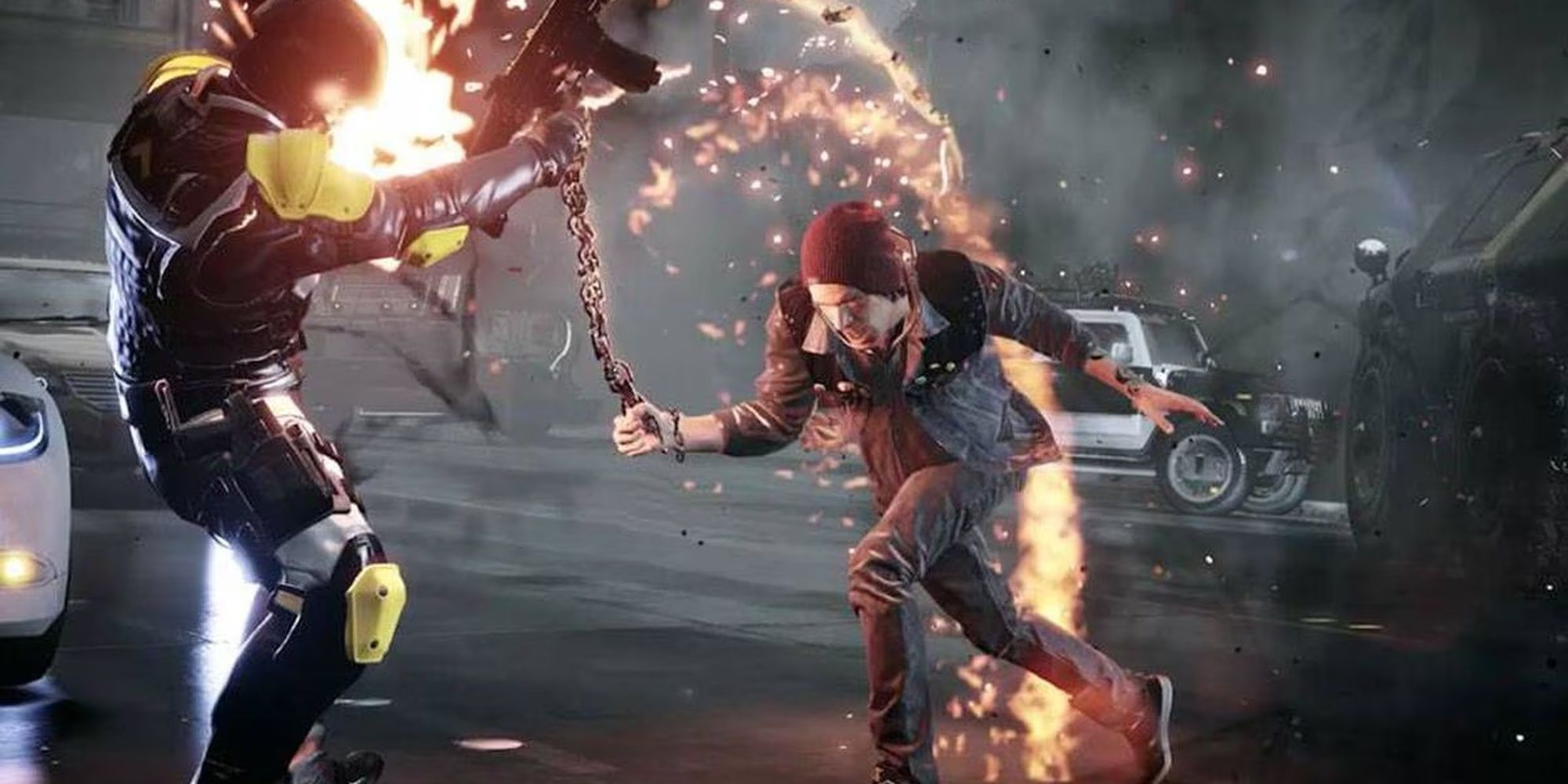 Infamous: Second Son - Delsin Attacking An Enforcer With His Fire Chain