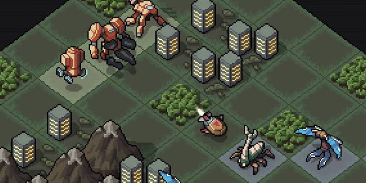 Creatures battle on the grid of Into the Breach.