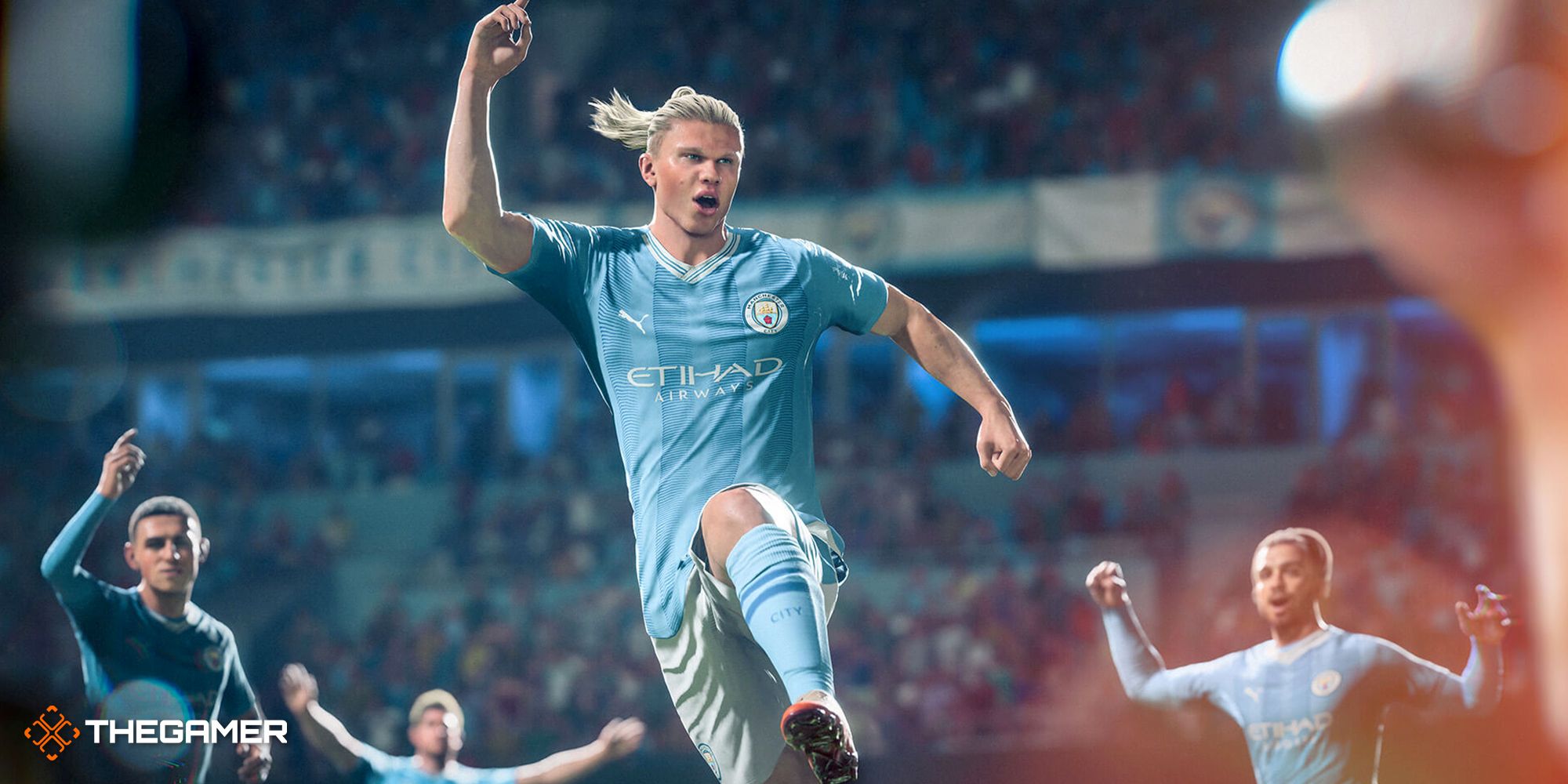 Erling Haaland celebrates with his Man City teammates in EA Sports FC 24.