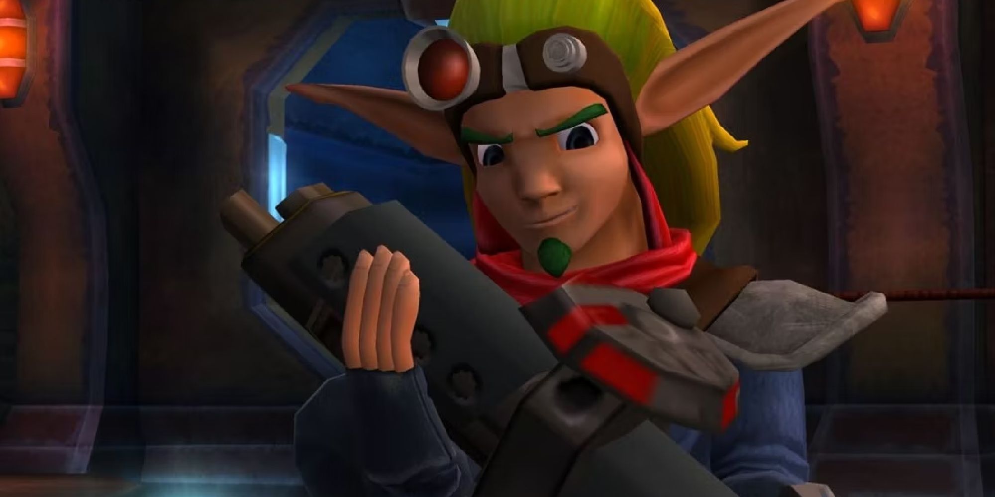 Jak holding a gun and smiling 