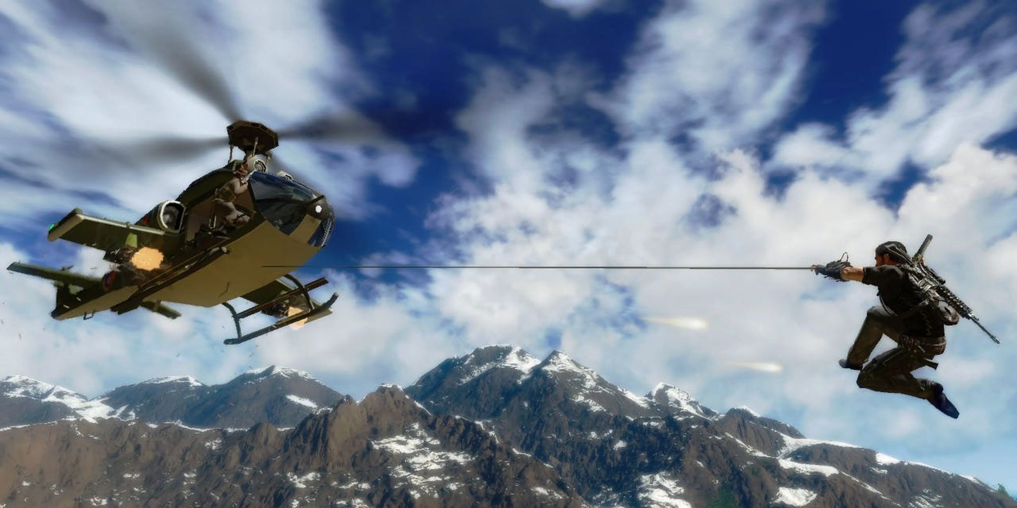 Just Cause 2: Rico Attaching Himself To A Helicopter With His Grapple Arm