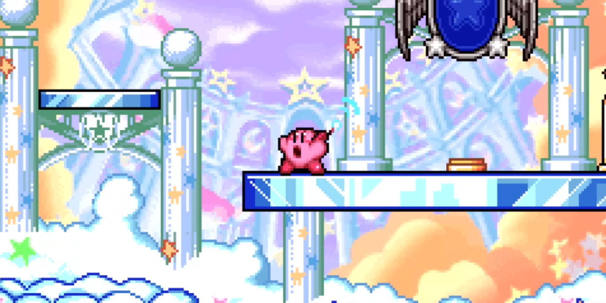 Kirby uses his Cellphone on a level in the clouds