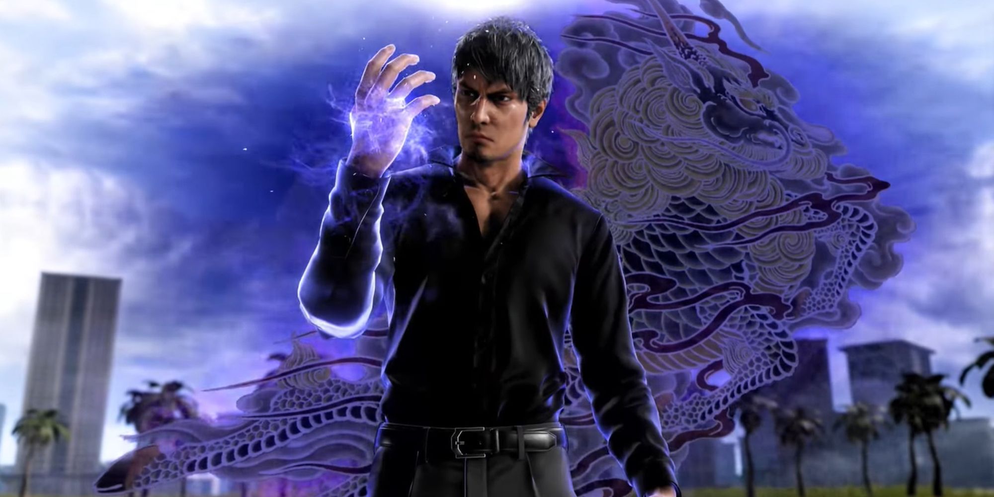 Kiryu looking at his hand with a kirin emblem behind him in Like a Dragon Infinite Wealth