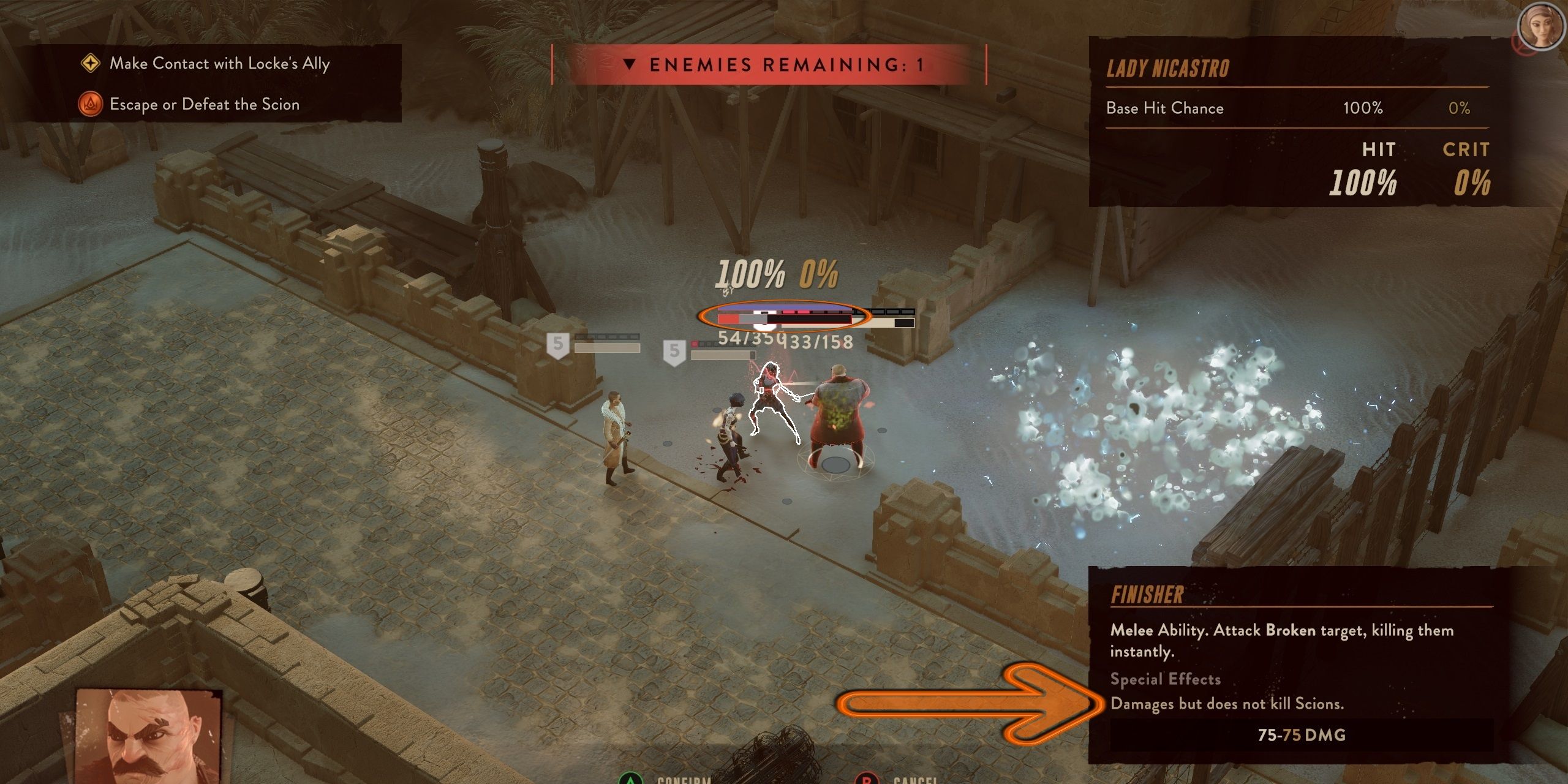 Lady Nicastro surrounded by the Lamplighters. Fedir prepares to do a Finisher on her. An orange circle highlights that the move will damage but not kill her. On the bottom right, an orange arrow points to the line 