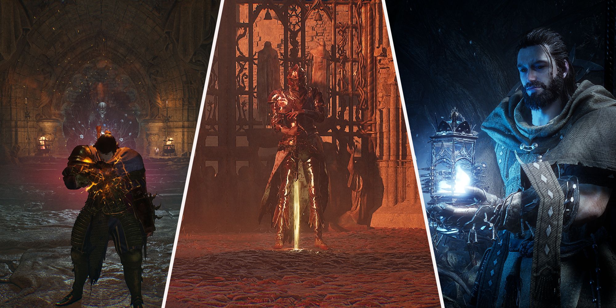 Left: Player using the Sanguinarix to heal - Middle: Pieta She of Blessed Renewal Boss - Right: Player holding the Umbral Lamp Lords of the Fallen 