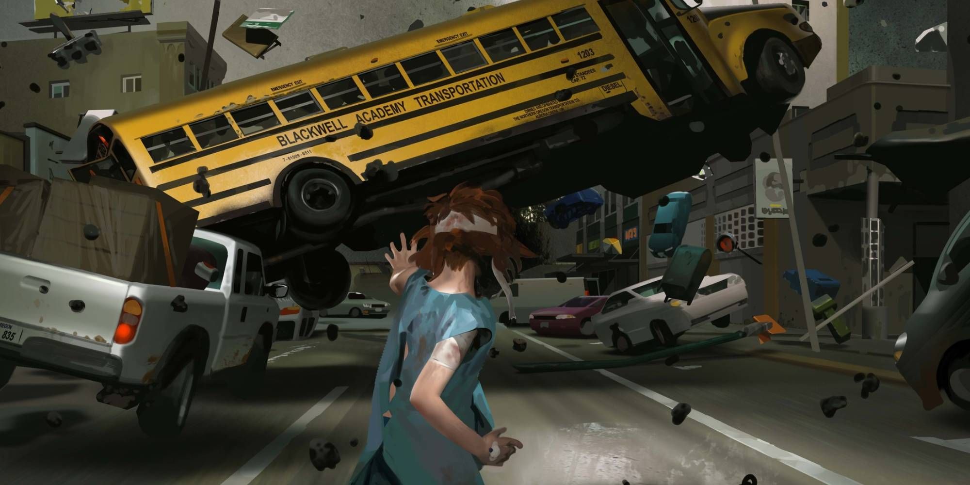 Max aus Life is Strange streckt ihre Hände aus, während ein Bus und Autos auf einer Straße schweben