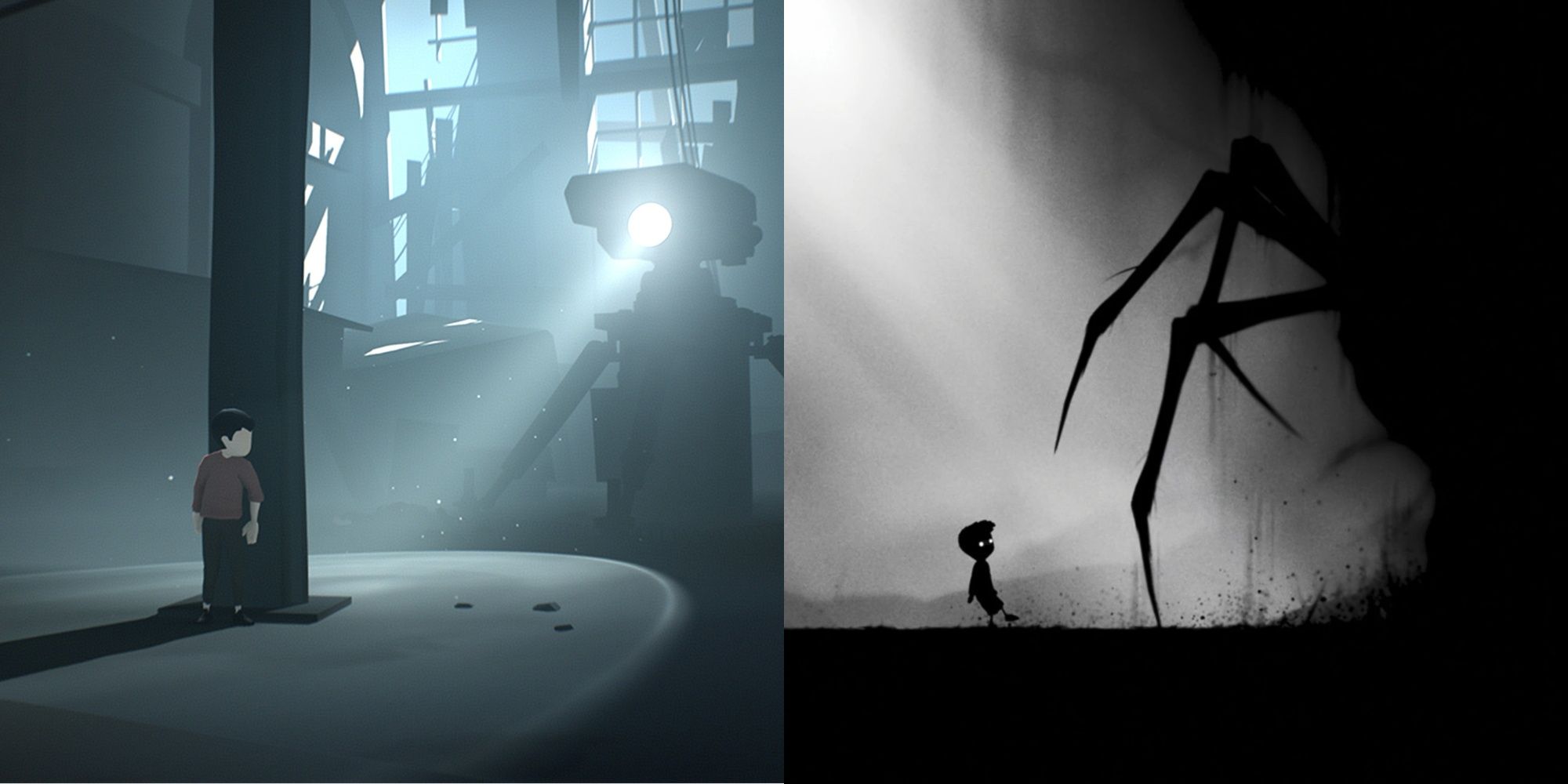 Limbo & Inside screenshots featuring a character hiding from a spotlight, and a spider ominously approaching