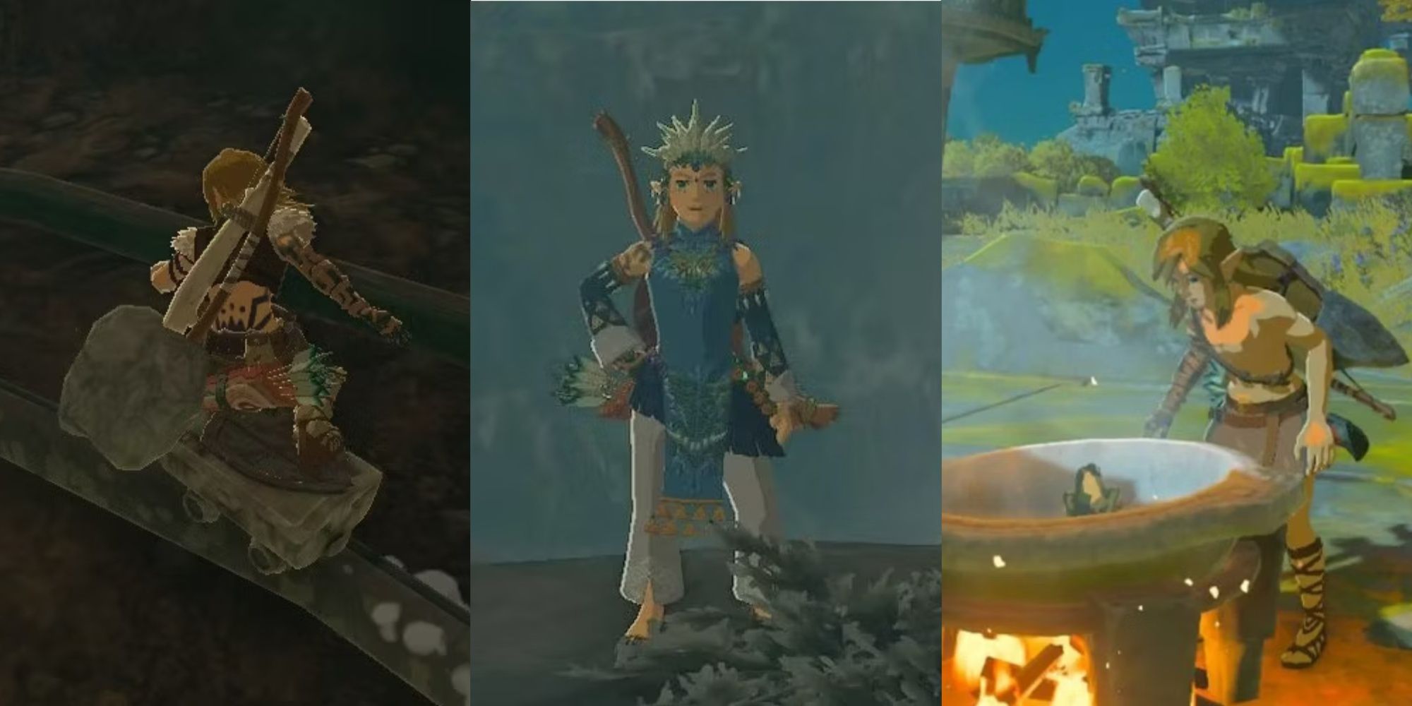 Link skating on a rail, Link wearing the Frostbite armor, Link cooking in Tears of the Kingdom