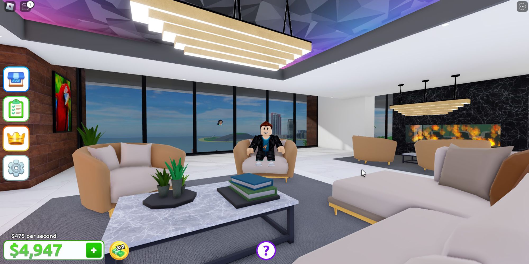 Eine Roblox-Figur sitzt in einem schicken Wohnzimmer in Mansion Tycoon.