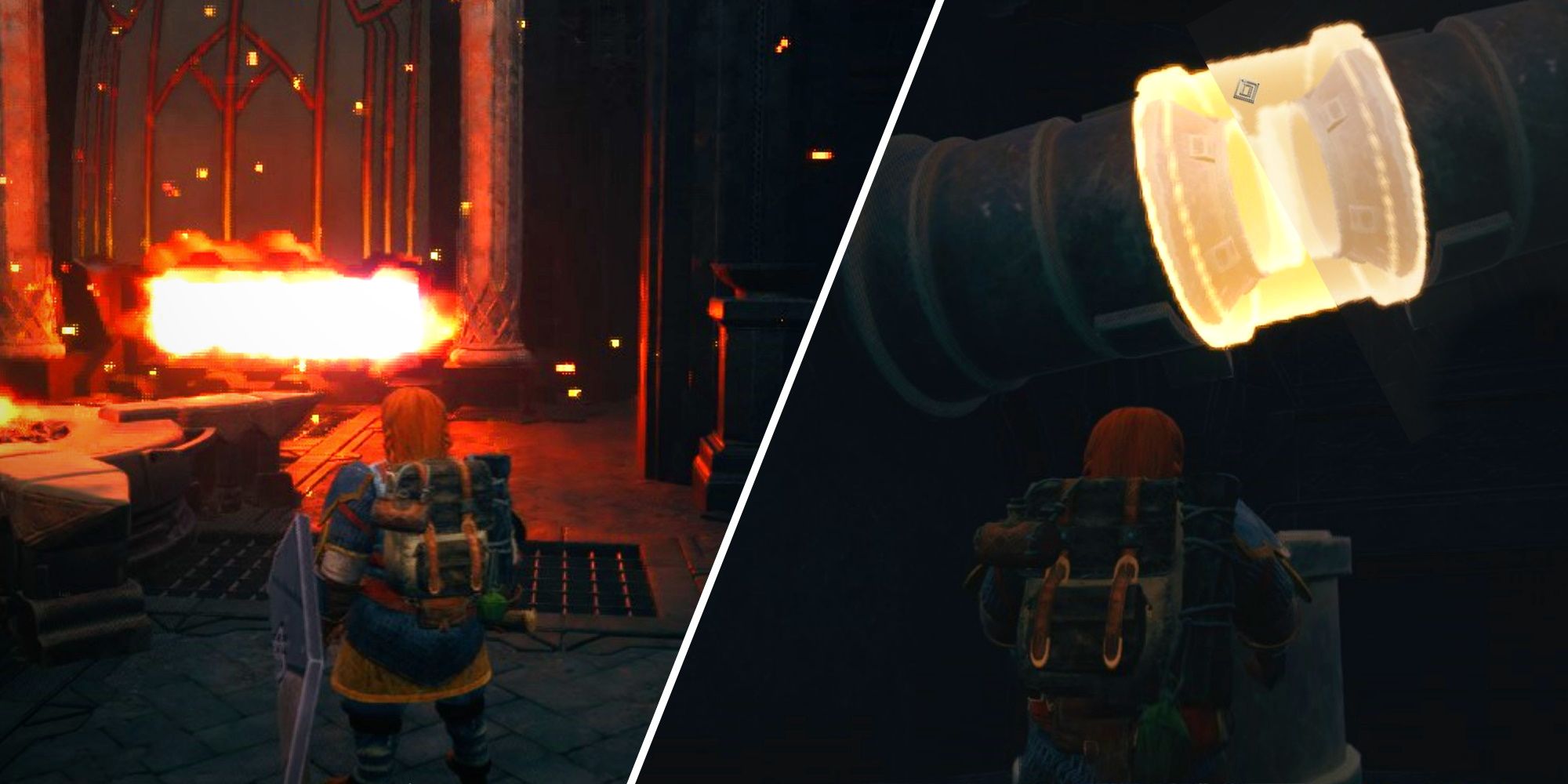 Lord of the Rings Return to Moria, A split image showing the Great Forge as well as repairing the pipe for that forge