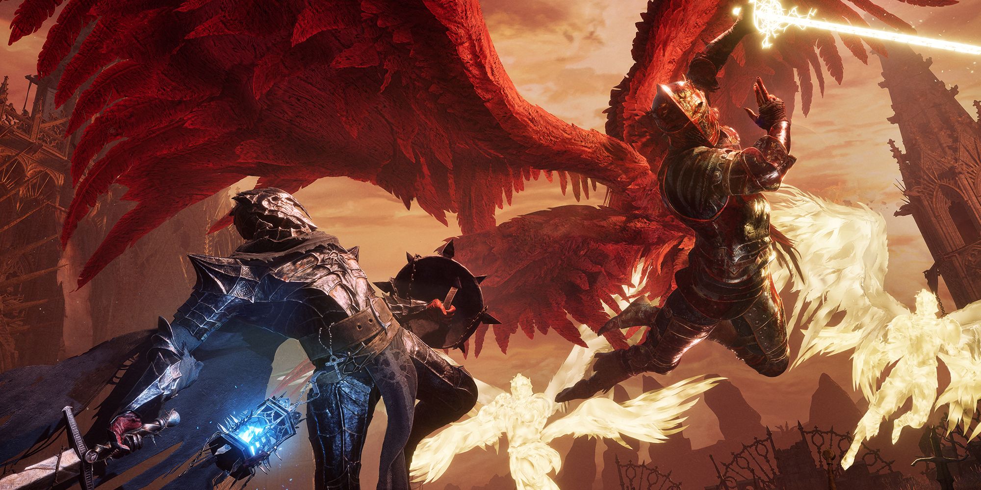 Lords of the Fallen player leaping in the air to swing at Pieta, a knight with red wings in front of two ghostly golden spirit versions of herself.