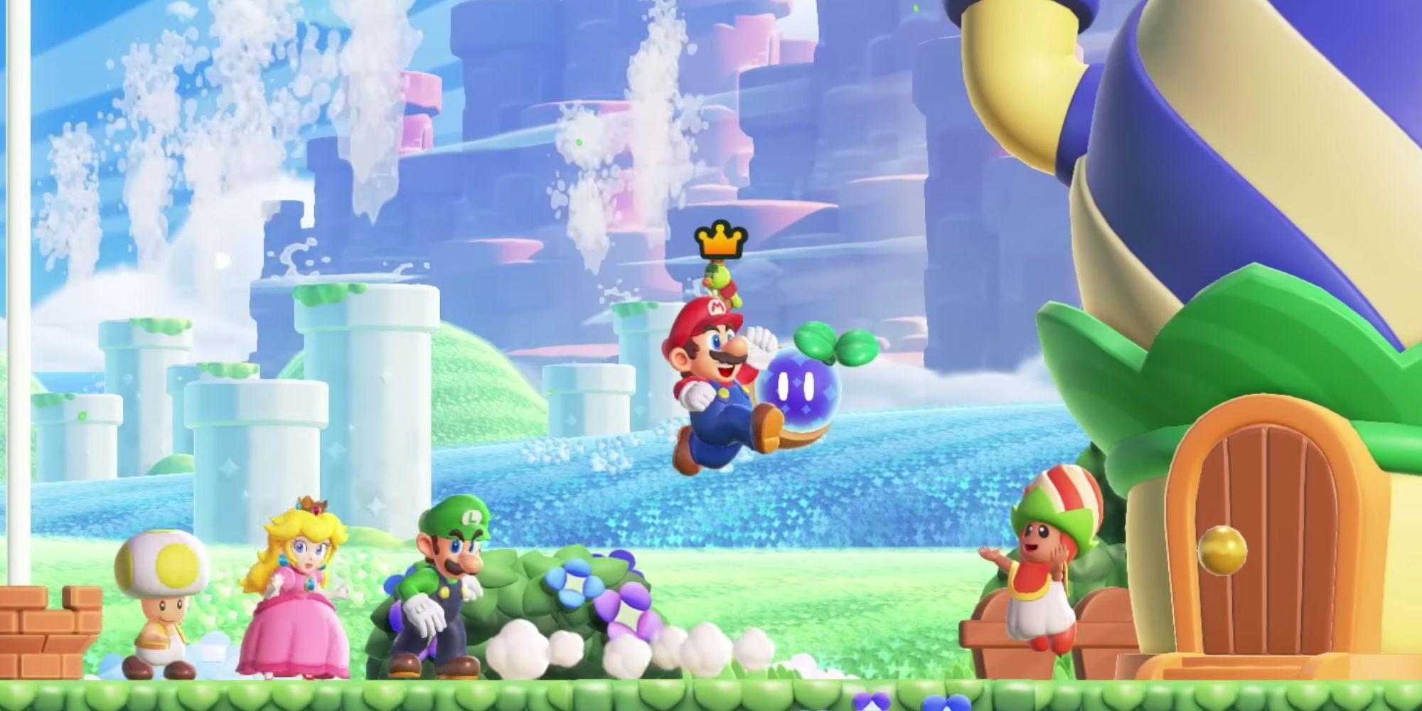 Luigi looking angry next to Peach and a yellow Toad in Super Mario Bros. Wonder.