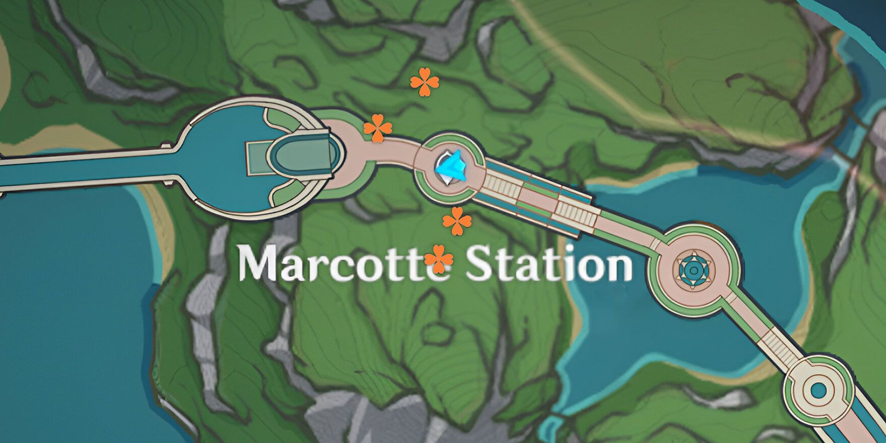 A map of the location of some Rainbow Roses found in Marcotte Station, an area of the Fontaine map in Genshin Impact.
