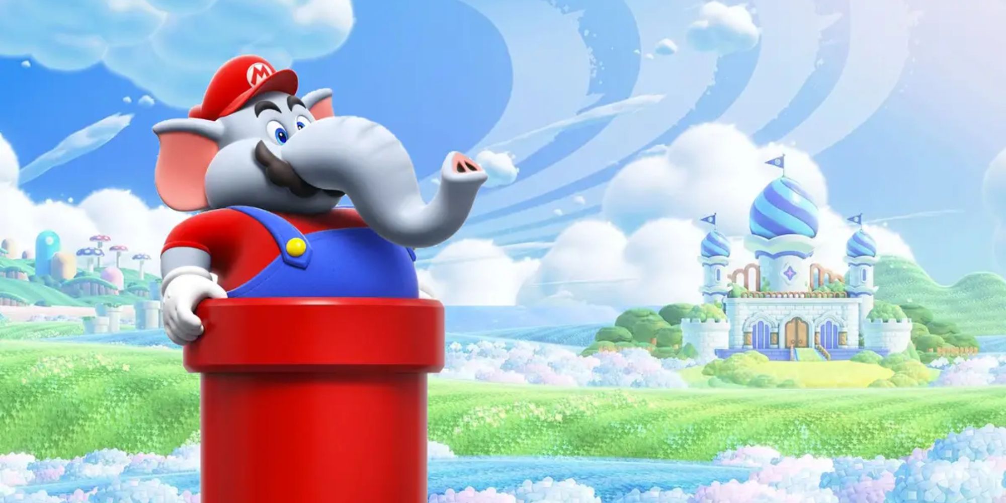 Mario as an elephant with his lower half stuck in a red warp pipe