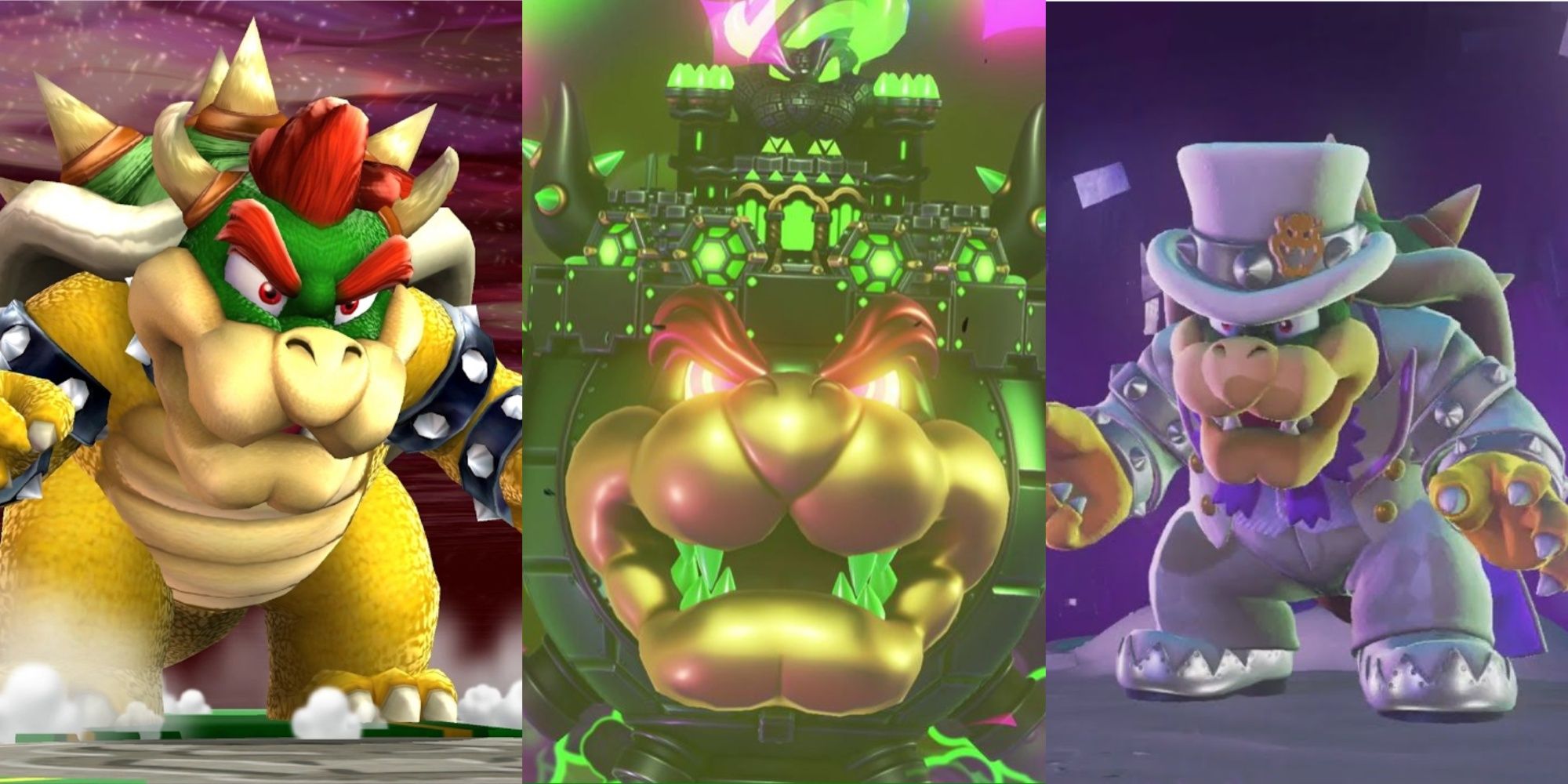 Bowser from Mario Galaxy 2, Bowser From Super Mario Wonder, Bowser in a suit form Super Mario Odyssey