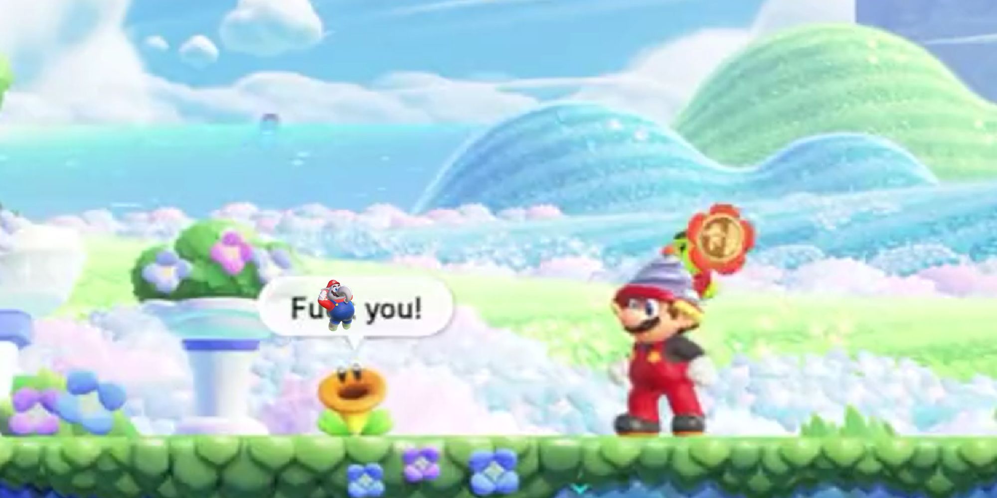Super Mario Bros. Wonder screenshot of the Flower saying 