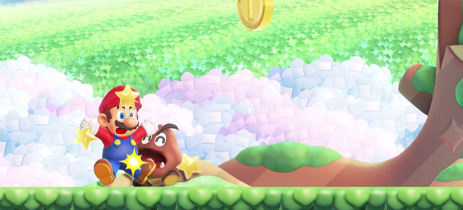 A Goomba biting Mario in Super Mario Bros. Wonder.