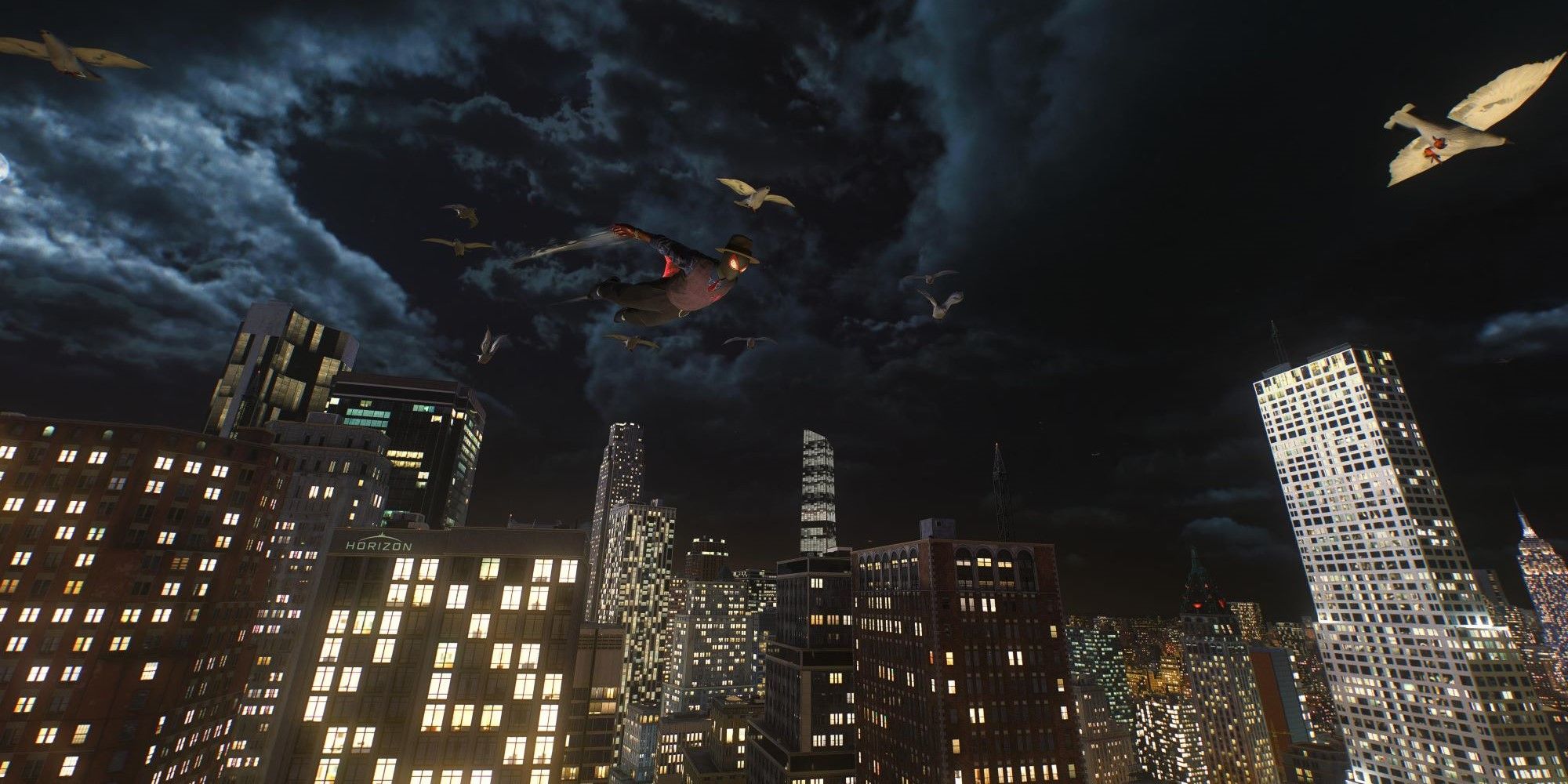 Marvel's Spider-Man 2 Miles gliding through the night sky with Howard's birds